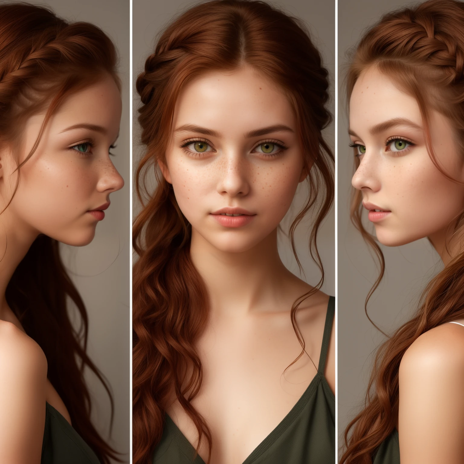 redhead girl (bright red and long curly hair, braids on the left side, green eyes,soft freckles on the cheeks), sexy light green summer strapless top, walking in a street, backpack held by the right hand, wooden bead bracelet on the left wrist, dark beige cargo pants, photo realist, full-length character, natural light,