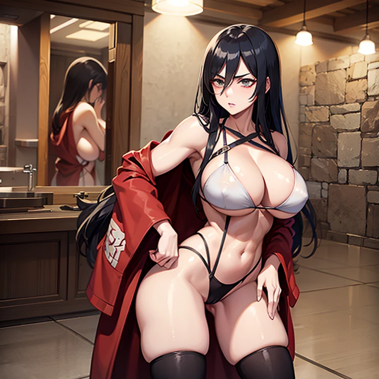 Mikasa Ackerman long hair , bathrobe, big boobs big ass thick thigh angry expression hand on hips long legs cleavage