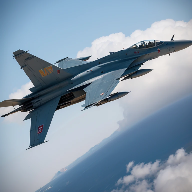 blue-sky,and the sun was shining brightly,Morning,A su-27 fighter jet,Wings full,The machine emblem is the August 1st military emblem,Body gray camouflage