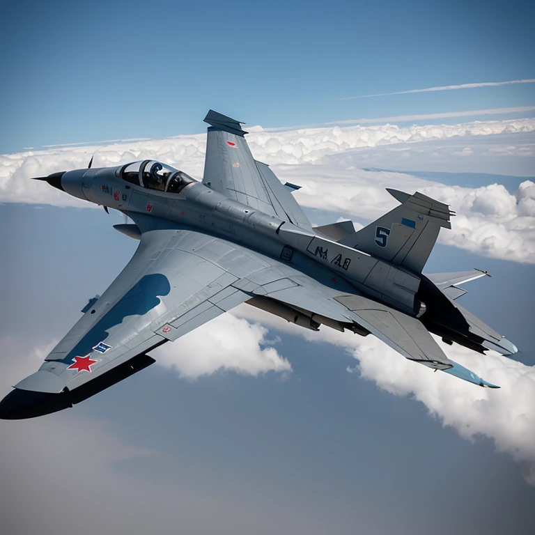 blue-sky,and the sun was shining brightly,Morning,A su-27 fighter jet,Wings full,The machine emblem is the August 1st military emblem,Body gray camouflage