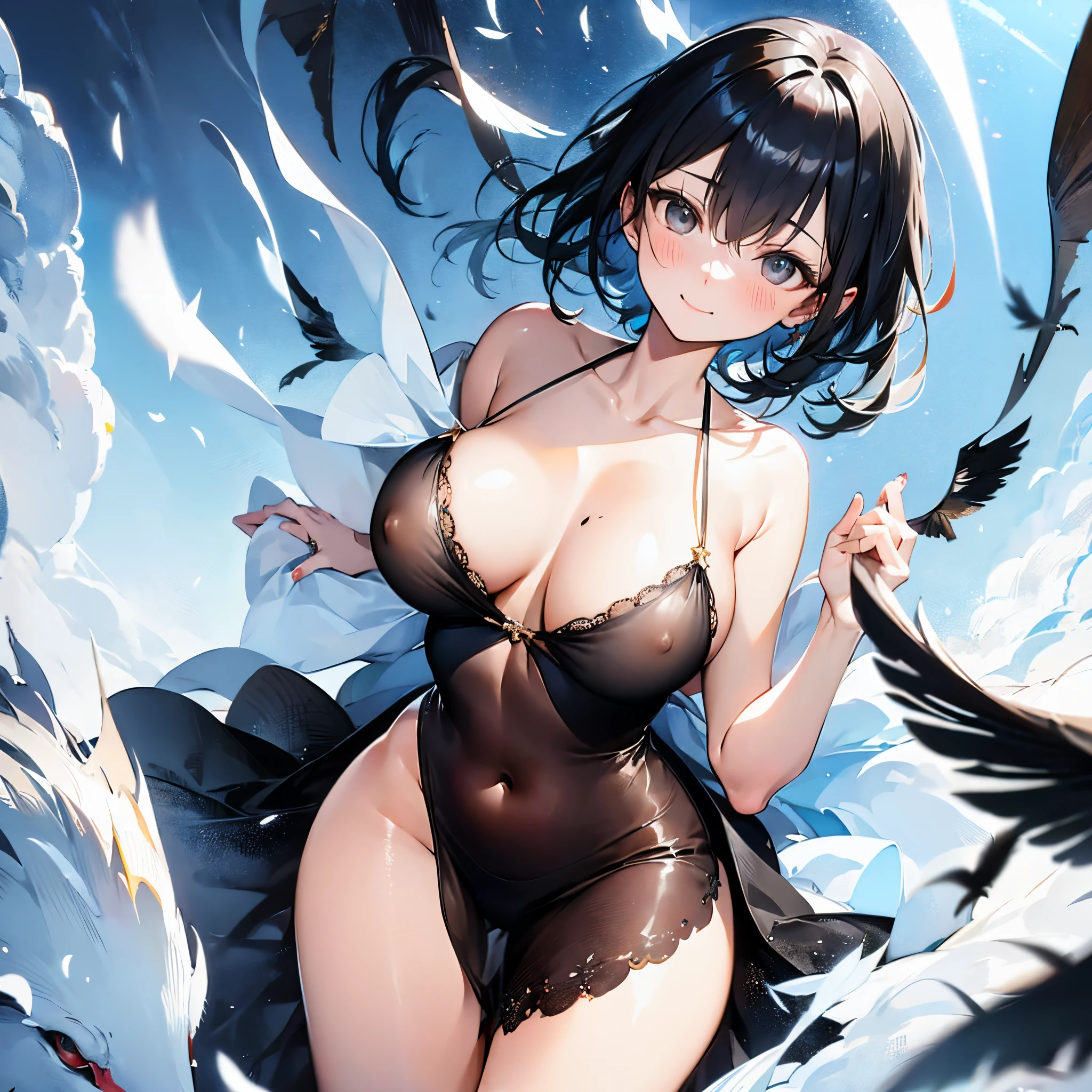 solo seraphim girl standing on peak of snowy mountain, strongly blowing frozen wind, BREAK, (she had black short hair.:1.3), (she is wearing only flapping black sheer short dress.:2.5), (her dress is plunging neckline:1.2), (her dress is black short one-piece skirt.:1.3), (her dress has shoulder strap.:1.5), BREAK, collarbone, bared slim arms, bared (thin long legs:1.2), bared neck, BREAK, (large perky breast:1.3), cleavage, (coverd erectile nippleREAK, thin waist, BREAK, smile for viewer, (nose blush:1.2), BREAK, (multiple white wings on back:1.5), (multiple black wings on back:1.5), (12 wings on back:1.2), BREAK, (orgasm:1.2), breast milk, nsfw, heavy breathing