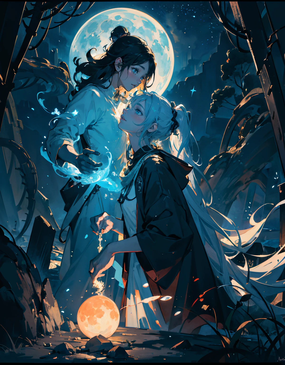 The image portrays a captivating and enchanting scene, where two mythical creatures are engaged in a mystical and symbolic interaction. The large, glowing moon and stars in the background serve as a backdrop to this fantastical encounter, adding a sense of grandeur and otherworldliness to the scene.

The two creatures, with their long, flowing hair, are the focal points of the image. Their contrasting colors - black and white - create a striking visual contrast, drawing the viewer's attention to their unique features and the objects they are holding. The glowing orbs they are holding further enhance the sense of mystery and wonder in the scene, as they seem to radiate an otherworldly energy.

The intricate, swirling patterns and symbols surrounding the creatures add to the image's mystical and symbolic nature. These patterns could represent various aspects of nature, mythology, or even the collective unconscious, as they evoke a sense of ancient wisdom and knowledge.

Overall, the image conveys a sense of magic, wonder, and enchantment, inviting the viewer to explore the hidden meanings and symbolism within the scene. The contrasting colors, the glowing orbs, and the intricate patterns all contribute to the image's captivating and dreamlike quality, making it a unique and memorable work of art. Serenity face