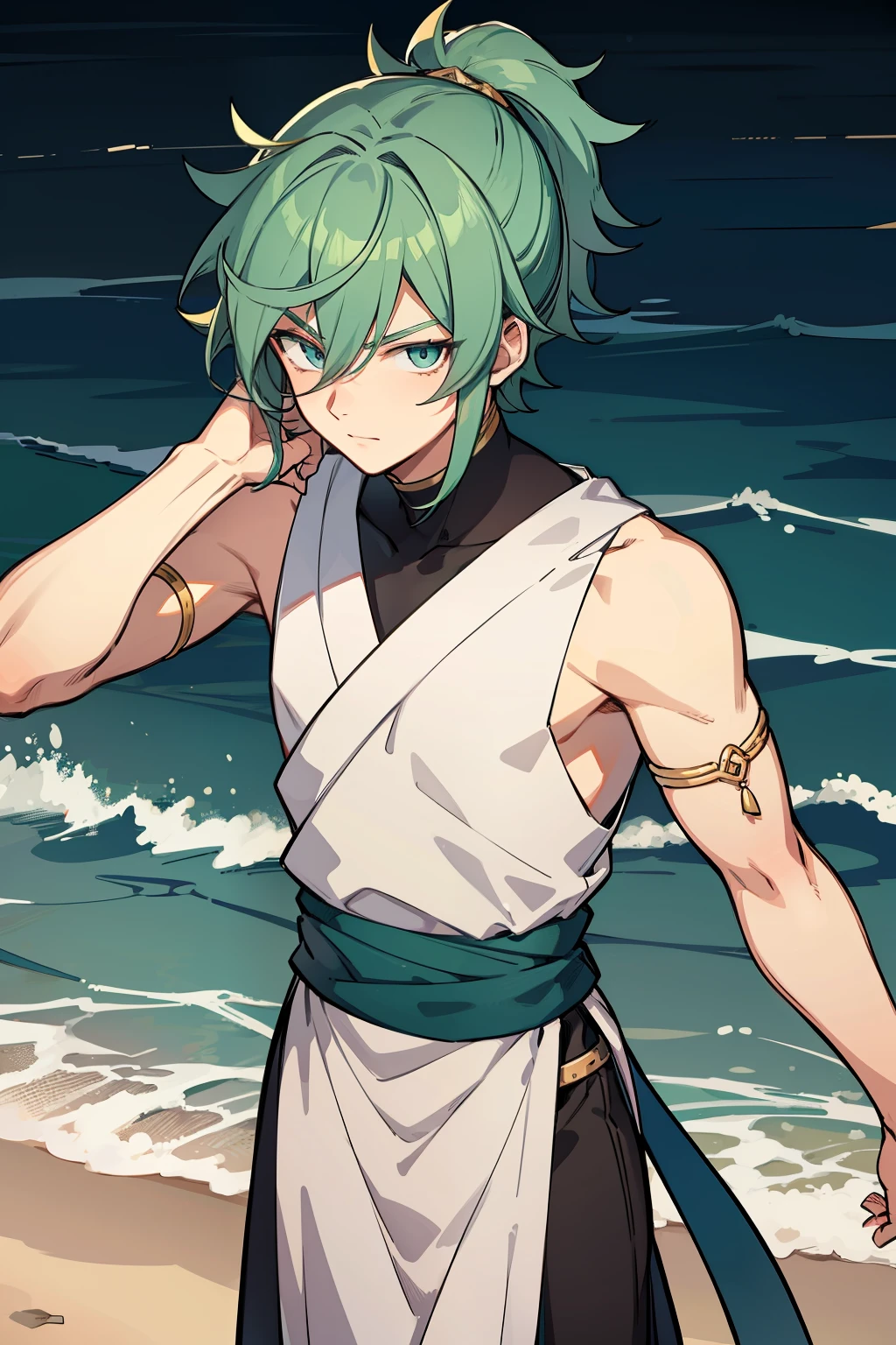 (high-quality, breathtaking),(expressive eyes, perfect face) 1boy, male, solo, , medium blue hair, green coloured eyes, stylised hair, gentle smile, medium length hair, loose hair, side bangs, curley hair, really spiky hair, spiked up hair, ponytail, looking at viewer, portrait, ancient greek clothes, blue black and white tunic, white Chlamys, sleeveless, greek, blue and gold sash, ocean background, laurel accessory, slightly narrow eyes, masculine face, masculine eyes