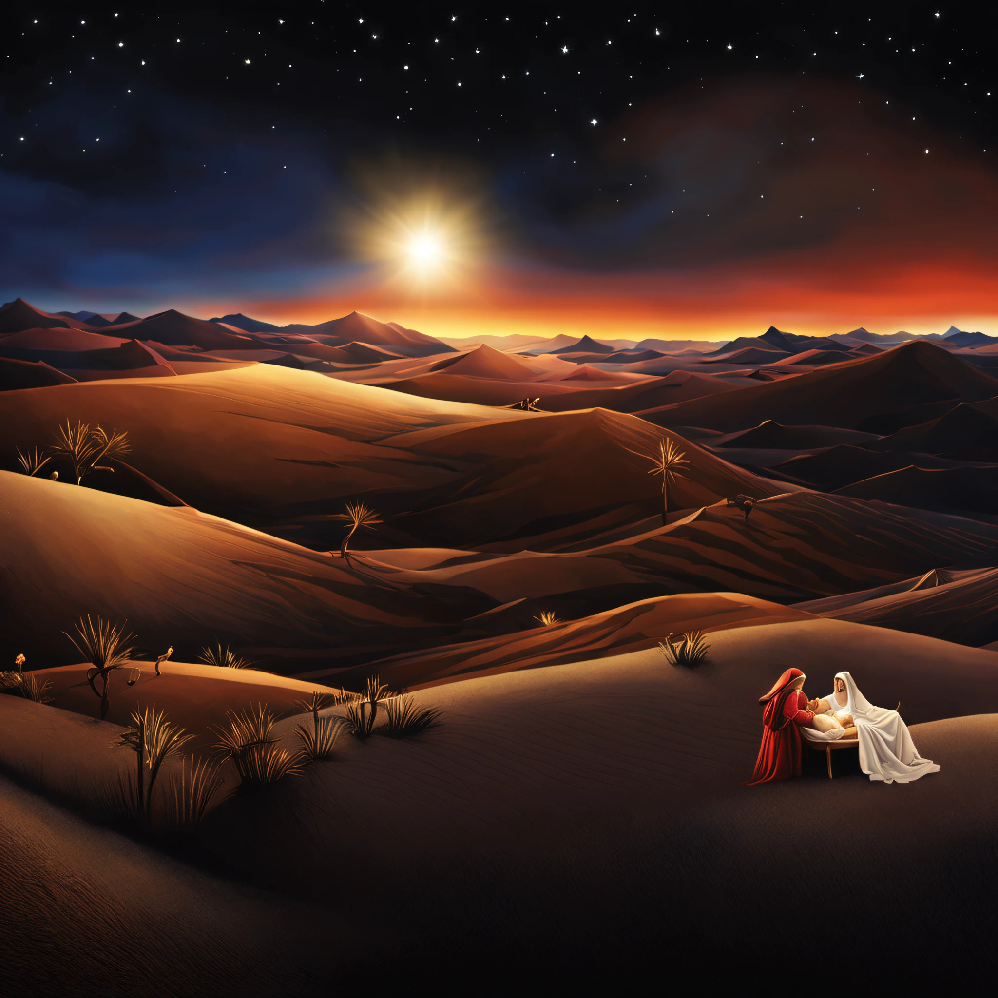 create an amazing matte painting for the classic Christmas card, obra-prima de uma pintura, add an illustration of a desert scene with dunes and in the background a manger with Jesus and a bright beam of light, multicolored light coming from the starry night sky to the baby