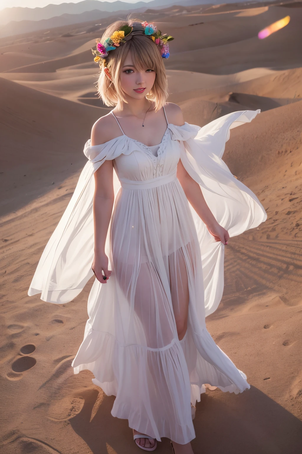 1girl, tayror swift, (long dress), smile, american idol, in the desert, masterpiece, high quality, beautiful, 4k, beautiful detailed, glow, multiple color hair, from above, depth of field, light particles, HDR, Rembrandt lighting, colorful refraction, lens flare, bloom, film Reflection, colorful refraction, chromatic aberration, light diffusion