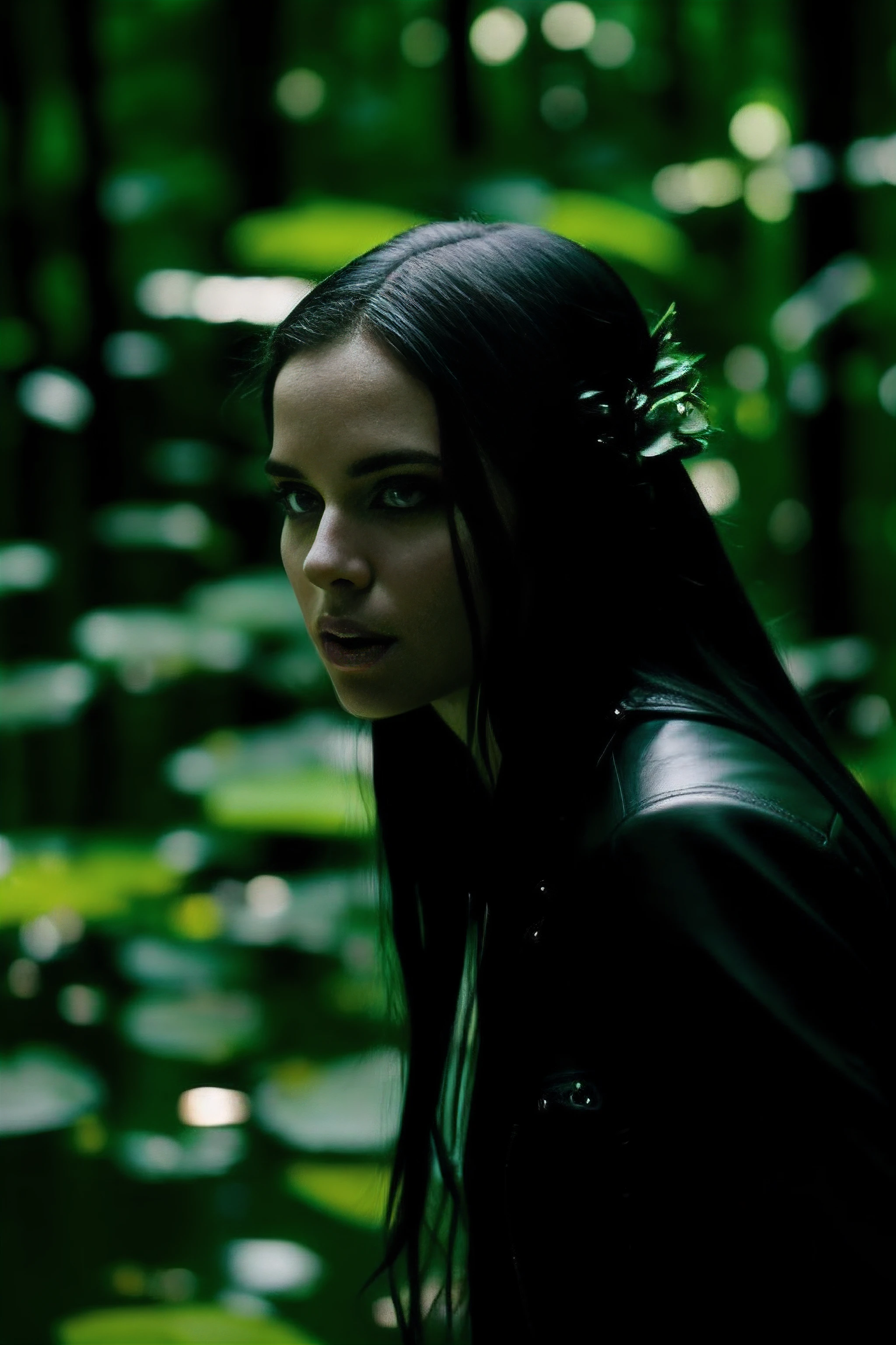 woman in a black leather jacket in a swamp with lily pads, woman in a dark forest, cinematic goddess shot, promotional still, still from a fantasy movie, dramatic cinematic portrait, anastasia ovchinnikova, cinematic portrait, by Frederik Vermehren, witch runes in the deep forest, enchantress, beautiful young female shaman