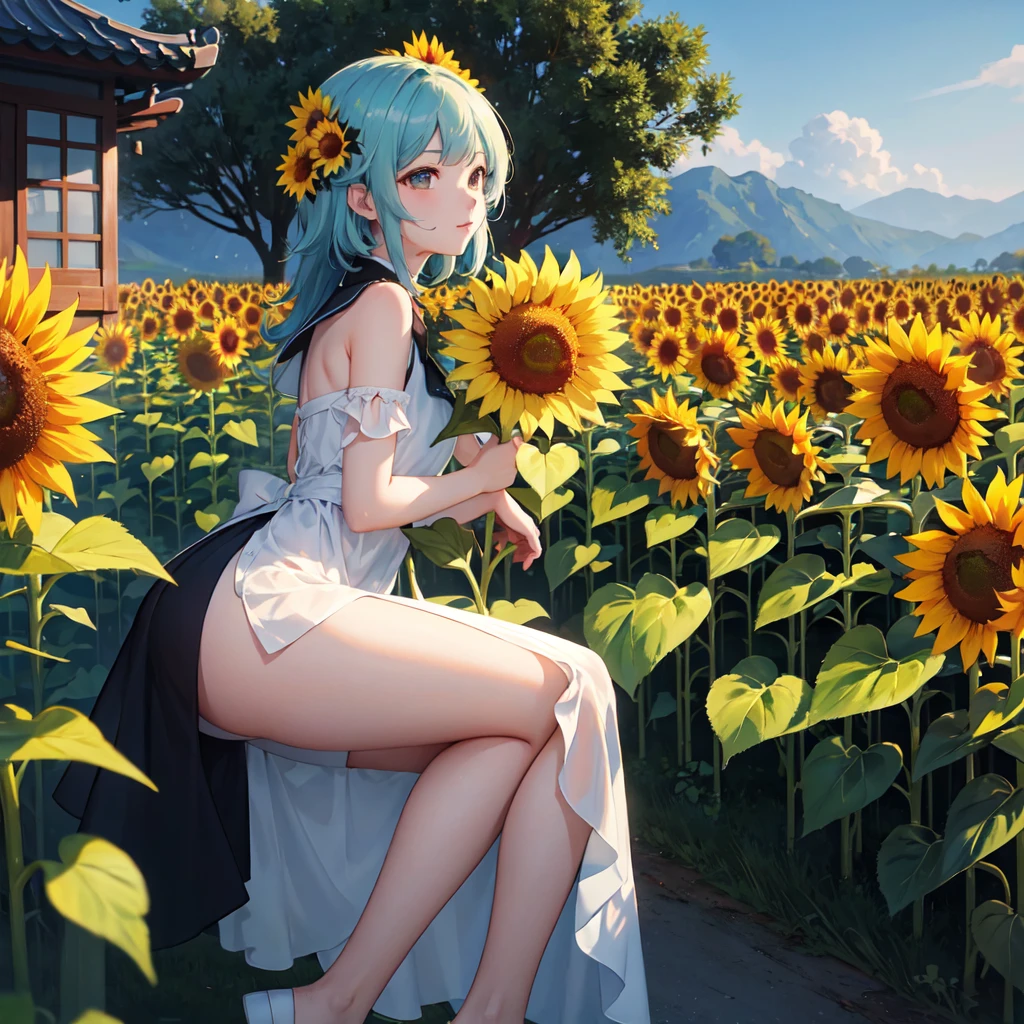 naked, nude, vagina, lolita, outside, flat chest, fifteen years old, open mouth, happy, smiling, sunny, happy, bright sunlight, grass, from below, masterpiece, best quality