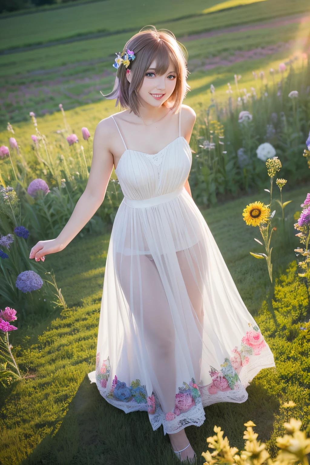 1girl, tayror swift, (long dress), smile, american idol, in the field many flowers, masterpiece, high quality, beautiful, 4k, beautiful detailed, glow, multiple color hair, from above, depth of field, light particles, HDR, Rembrandt lighting, colorful refraction, lens flare, bloom, film Reflection, colorful refraction, chromatic aberration, light diffusion