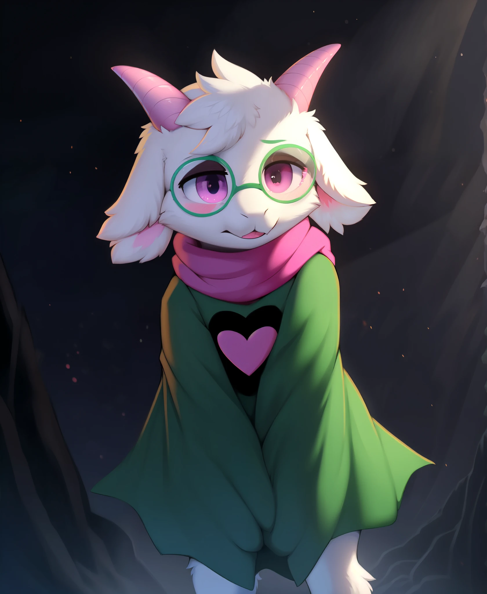 Solo, outdoors, detailed background, standing, blushing, (ralsei \(deltarune\), goat, white fur, pink horns, pink eyes, green glasses, green cloak, black sleeves, pink scarf,), by hioshiru, by braeburned, by oxfort2199, by plattyneko, extremely detailed, detailed shading, soft shading, volumetric lighting, natural light,,