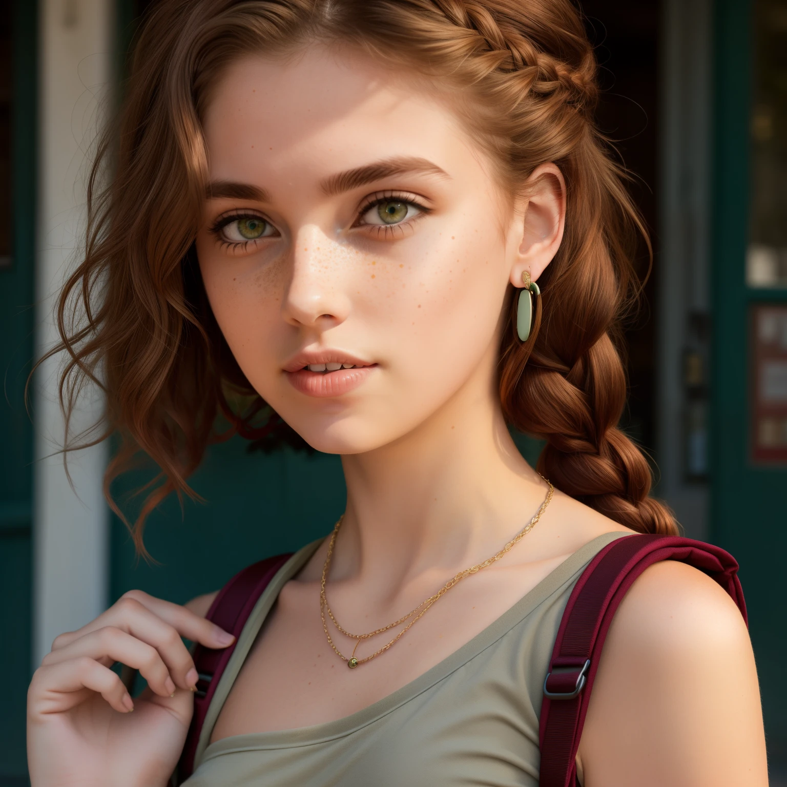 redhead girl (bright red and long curly hair, braids on the left side, green eyes,soft freckles on the cheeks), sexy light green summer strapless top, walking in a street, backpack held by the right hand, wooden bead bracelet on the left wrist, dark beige cargo pants, photo realist, full-length character, natural light,