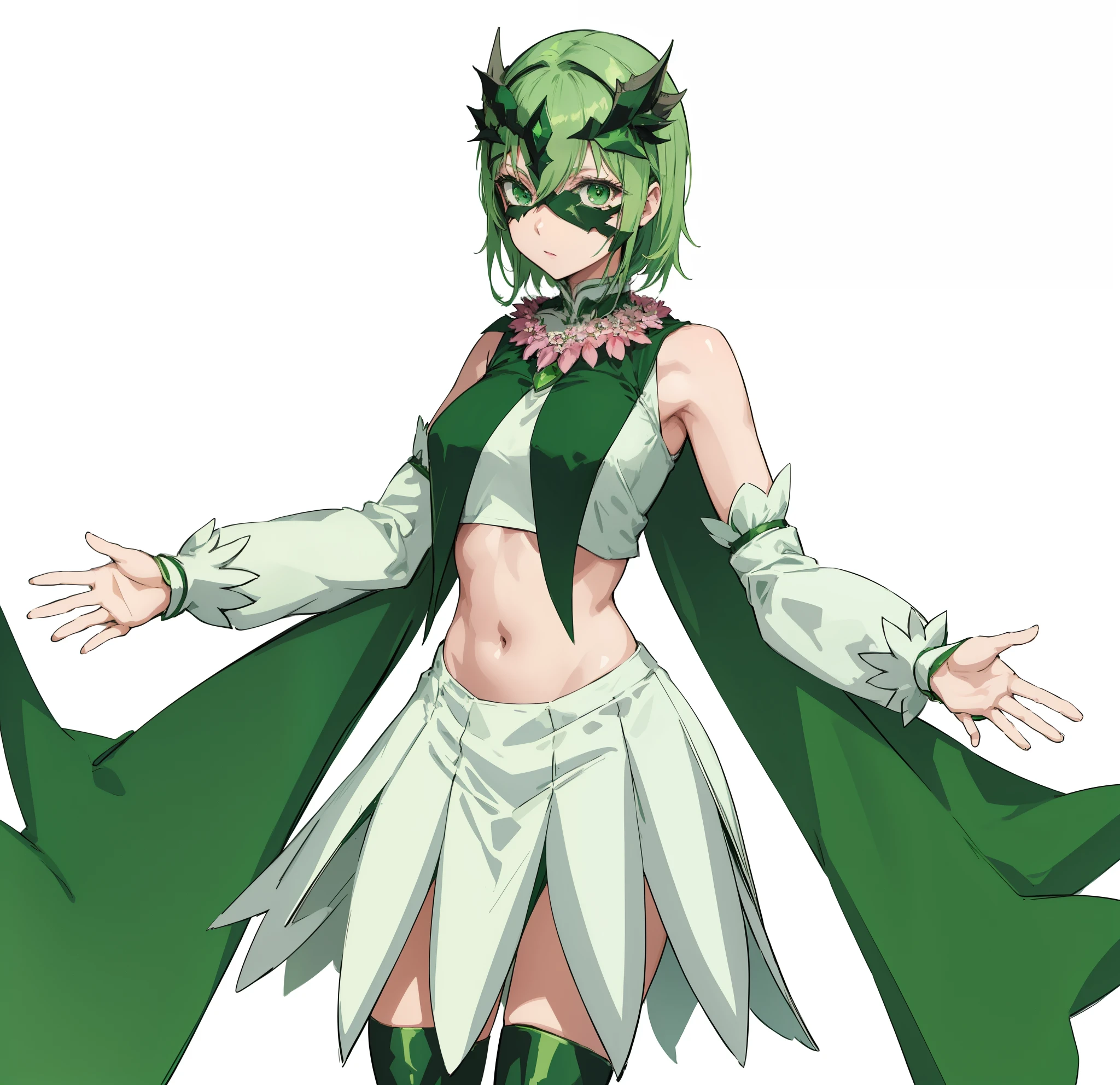anime character dressed in a green and white outfit and cape, rogue anime girl, anime woman,  humanoid flora, anime character, female action anime girl,