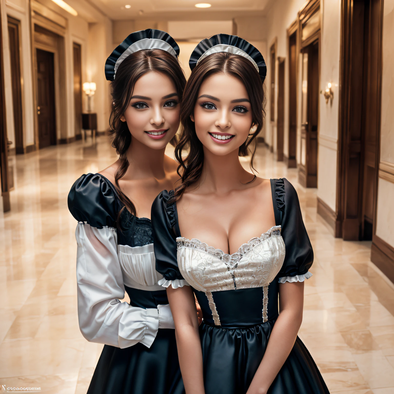 (Masterpiece, Professional lighting, 16k, 8k wallpaper, raw photo, photorealistic:1.8, ultra detailed, natural gentle lighting, detailed skin, detailed face, detailed eyes, textured skins, cinematic composition, detailed background:1.2 ), BIBC, ((Group shot, full body, Thousands of women, wide shot:0.2, 100girl, crowd of maids, young women in pack, align)), of gorgeous women, (wearing identical maid uniform, VIctorian maid, slender body, see-through:0.6, sexual suggestive, inside lobby of mansion), ultra detailed, (perfect faces, highly detailed faces, perfect eyes), different hair colors, different body types, ((cute face, attractive feminine body, extremely beautiful face, supermodel, playmate, looking at viewer, grin:0.5, Caucasian))