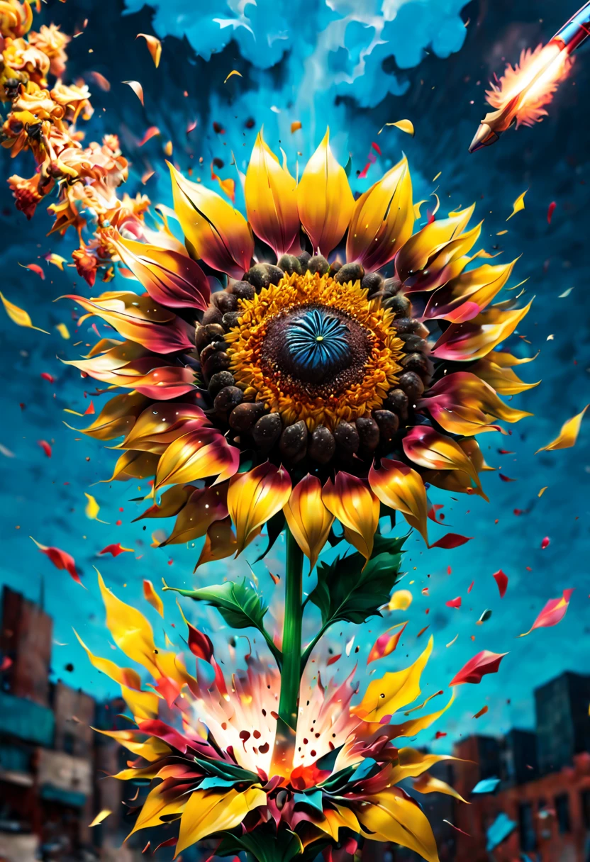 Pop art, Sunflower shaped missile in full flight, with comic book style explosions and vibrant colors, set against a contrasting background, the whole scene looking like a page from a comic book, (Motion Blur), (best composition), ultra-wide-angle, octane render, enhance, intricate, (best quality, masterpiece, Representative work, official art, Professional, unity 8k wallpaper:1.3)