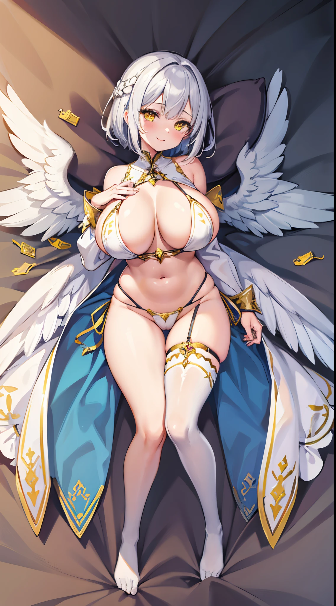 1 girl, game cg, priestess clothes, yellow, angel wings, sideboob, under boob, belly button visible, thighs, loincloth, gigantic breasts, silver hair, short hair, french braid, yellow eyes, dakimakura, full body, smile ,blush ,