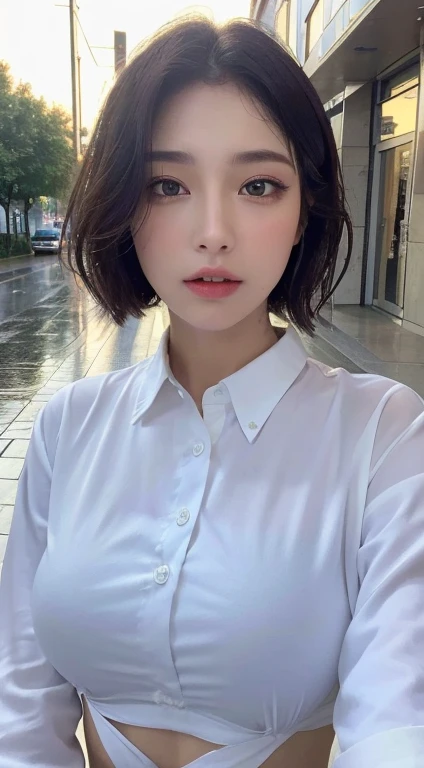 ((Bestquality, 8k, a masterpiece:1.3)), sharp:1.2, Perfect body beauty:1.4, Slim abs:1.2, ((Short to medium hair, huge tits:1.2)), (Wet white shirt：1.5），（rainy，the street：1.2），（wet body：1.5），Highly detailed facial and skin texture，Detailed Eyes，Double eyelidd，Eyes look into the camera，Seven doppelgangers，The two breasts are squeezed together，exquisite face，Peripheral female
