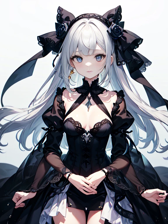 1girll, full bodyesbian, Wearing a black dress,White shirt exposed,Lace, Foggy,Shine on the color of the hair, long whitr hair,Double up braid,bangs detached, Bright eyes with black silk, Big eyes as perfect as diamonds, Cute, Character design, Detailed, anime big breast, Official, flower pattern, Pink detail with sequins and brush, clip studio paint, csp, flatchest,There are a lot of white butterflies around,Black lace gloves,Lolita prostitute,Black bow