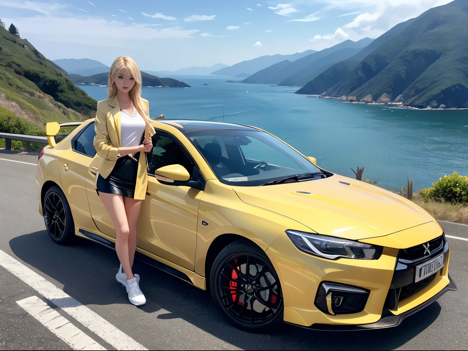 1womanl、slender blonde woman、sports jacket、Competition between beautiful women and sports cars、超A high resolution、An ultra-high picture quality、8K、Wonderful expression with attention to detail、early summer coastline、A white sports car stopped on a mountain road、Mitsubishi Lancer Evolution V 4WD Intercooler Turbo