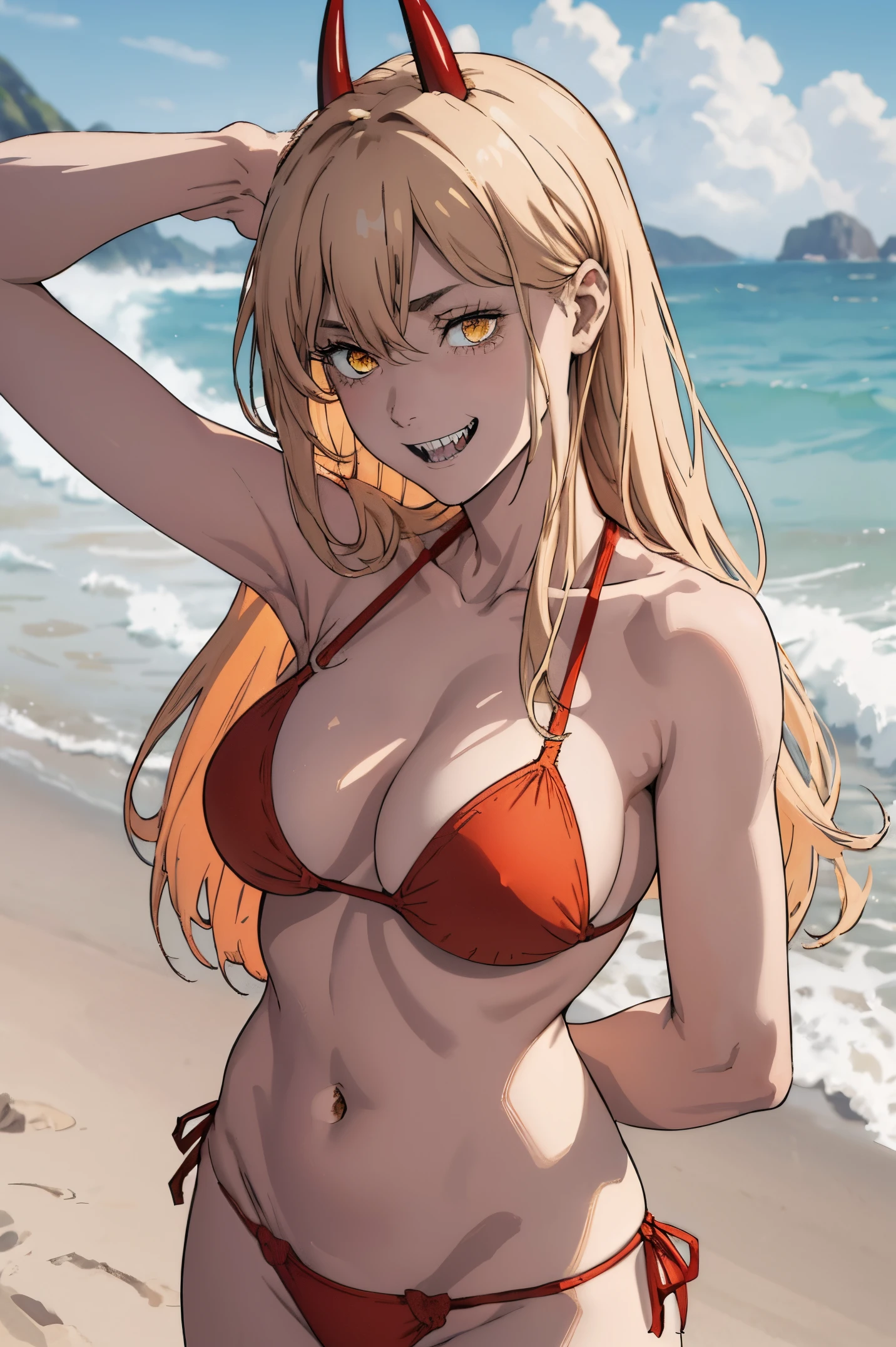 (best quality), (masterpiece), (solo), 1girl, power_csm, blonde hair, yellow eyes, cross-shaped pupils, symbol-shaped pupils, red horns, red bikini, sharp teeth, grin, beach outdoor