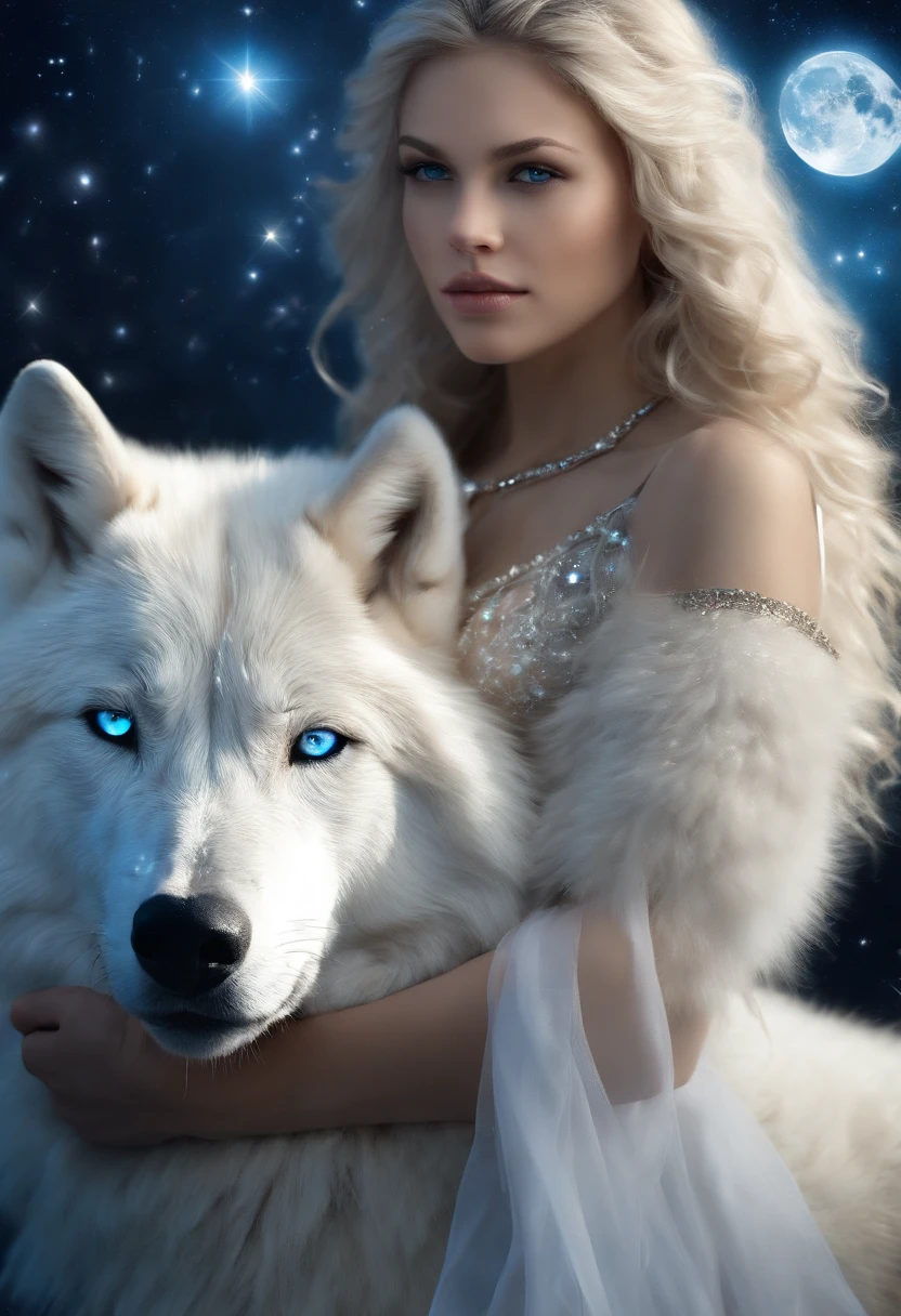 White wolf and girl, huge wolf, huge white wolf guarding a beautiful girl, blue eyes, white wolf's fur glows with silver sparks, NSFW girl, blonde girl, long curly hair, transparent Greek dress, silver trim, silver collar, silver belt, silver sandals, starry sky background, two moons, Orion nebula, standing on a star path.(masterpiece: 1.5) (photorealistic: 1.1) (bokeh) (best quality) (Detailed skin texture, pores, hair: 1.1) (intricate) (8K ) (HDR) (wallpaper) (cinematic lighting) (sharp focus)