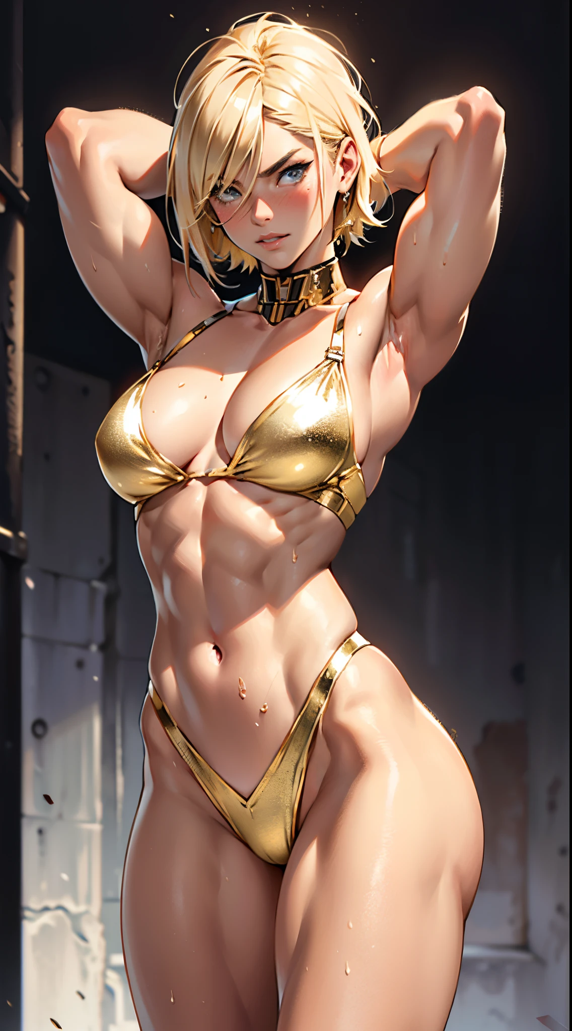 Beautiful cybernetic blonde girl looking at camera with realistic masterpiece of detailed muscles in underwear, The upper part of the body、perspiring、Thin macho、body builder、Bodybuilding Poses、Latissimus dorsi、glute、red blush、Active Pose, actionpose, Loose Ruth |, Gold Parts, fringe, short-haired, back-view, shores