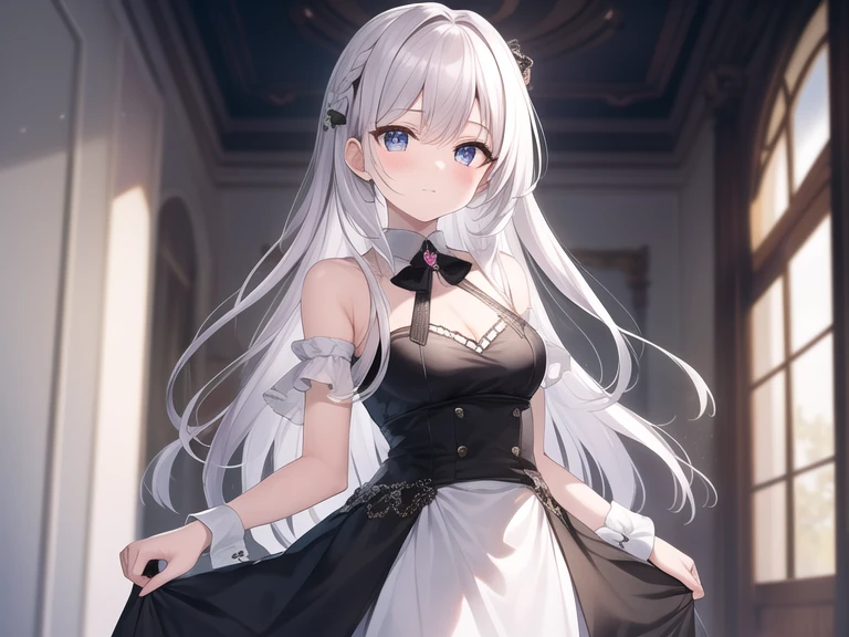 ((tmasterpiece, Best quality))++, detailedlight+, Detail hair+, Detail hands+ ,1 sister, sweetheart, Long gray hair, dark red eye, pretty eyes, Young gray hair,,(beautiful white hair:1.5),(beautidful eyes), A high resolution+, blacksilk , a black skirt, Glass tones, Reflective eyes, {{Angular}} , very detailed wallpaper, Original, ,
