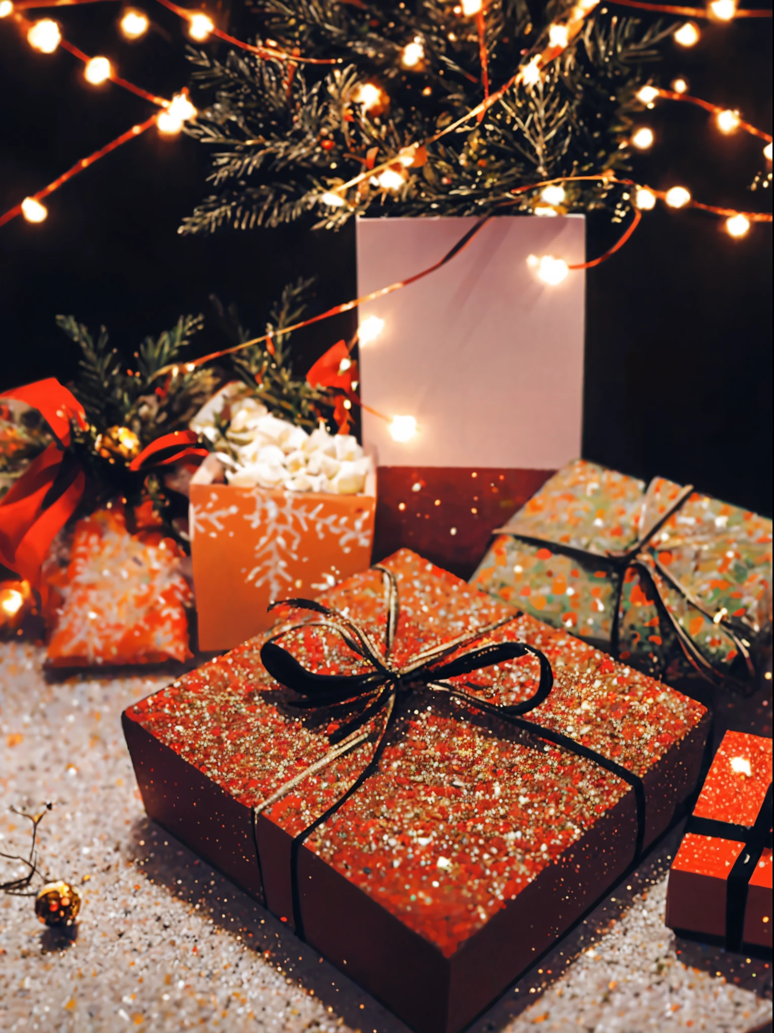(best quality,4k,8k,highres,masterpiece:1.2),ultra-detailed,realistic,gifts,table,Christmas tree,decorations,wrapping ,bows,ribbon,presents,holiday spirit,vibrant colors,warm lighting,cozy atmosphere,toys,cards,candles,snowflakes,joyful,celebration,exquisite details,exciting surprises,shiny ornaments,sparkling tinsel,beautifully wrapped,excited children,anticipation,festive mood,magical ambiance,delightful moment,wonderful memories,family gathering,cheerful faces,Christmas magic,extravagant,abundance of presents,HDR,UHD,studio lighting,ultra-fine painting,sharp focus,physically-based rendering,professional,vivid colors,bokeh.