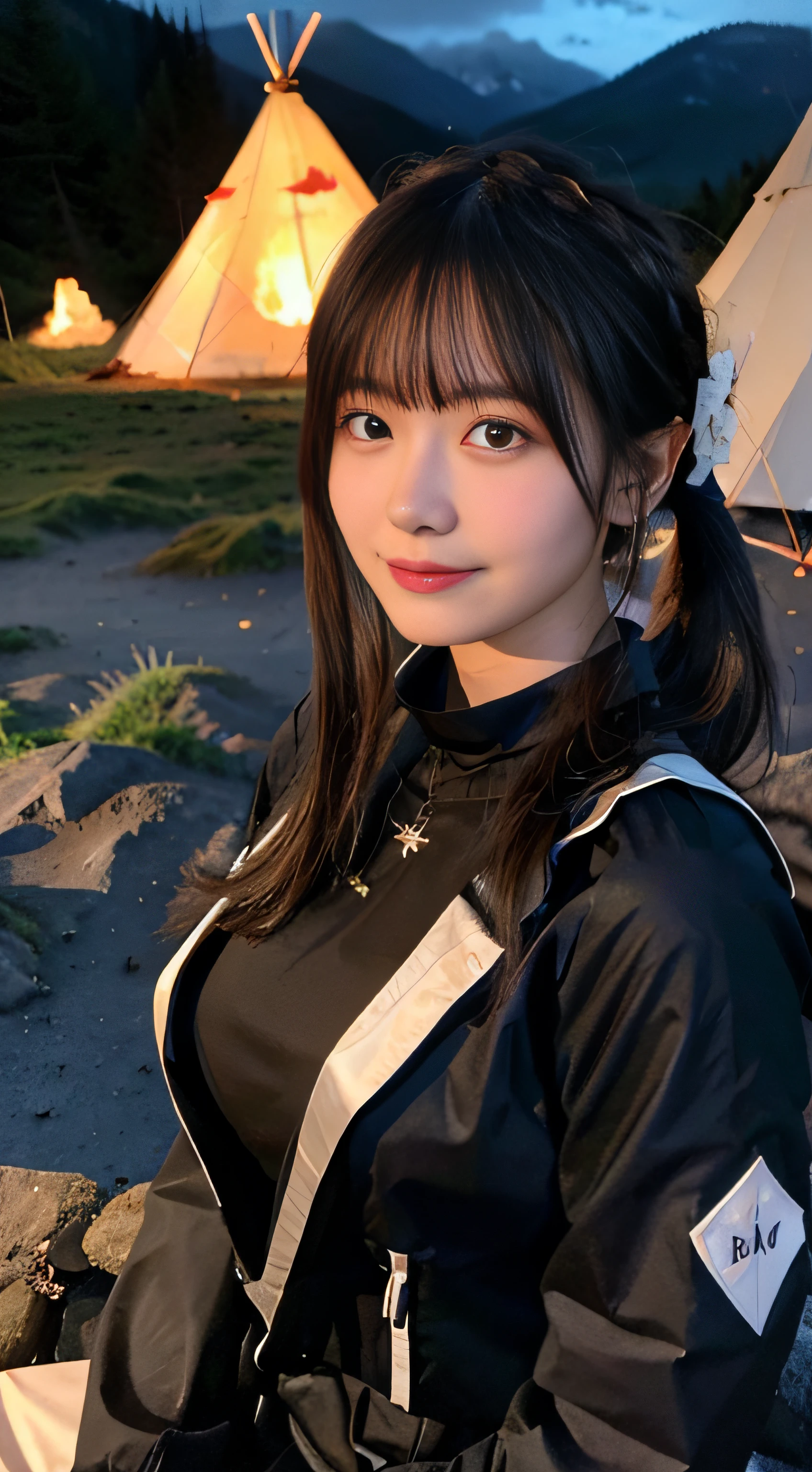 (top-quality,8K,masterpiece:1.3,),(超A high resolution,Photorealsitic:1.4,Raw photography),(ultra-detailliert,shinny skin,Delicate skin),(Detailed face,Perfect Anatomy,Caustics),女の子1人,kawaii,18year old,japanes,Japanese ido,smil,Looking at the camera,A dark-haired,Short ponytail,large boob,Mountaineering Wear,in mountains,camp,teepee,bonfire,Bonfire in the middle,Realistic Flames,Sit on the side,deep in the night,Bonfire lights,The area is pitch dark,