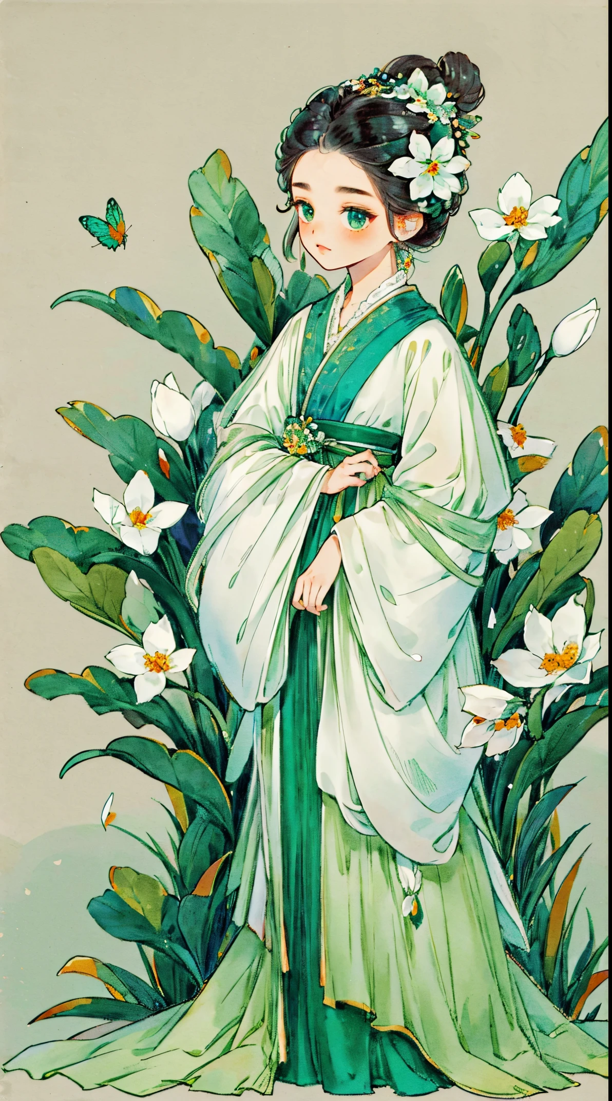 1 Sister, Alone, looking at viewert, face flushed, Background with, black hair color hair, hair adornments, longer sleeves, white backgrounid, Eternal, Full body lesbian, flowers blooming, green color, hairflower, hair-bun, butterflys, tmasterpiece, recent quality, The finest details, Clear facial features, beautidful eyes