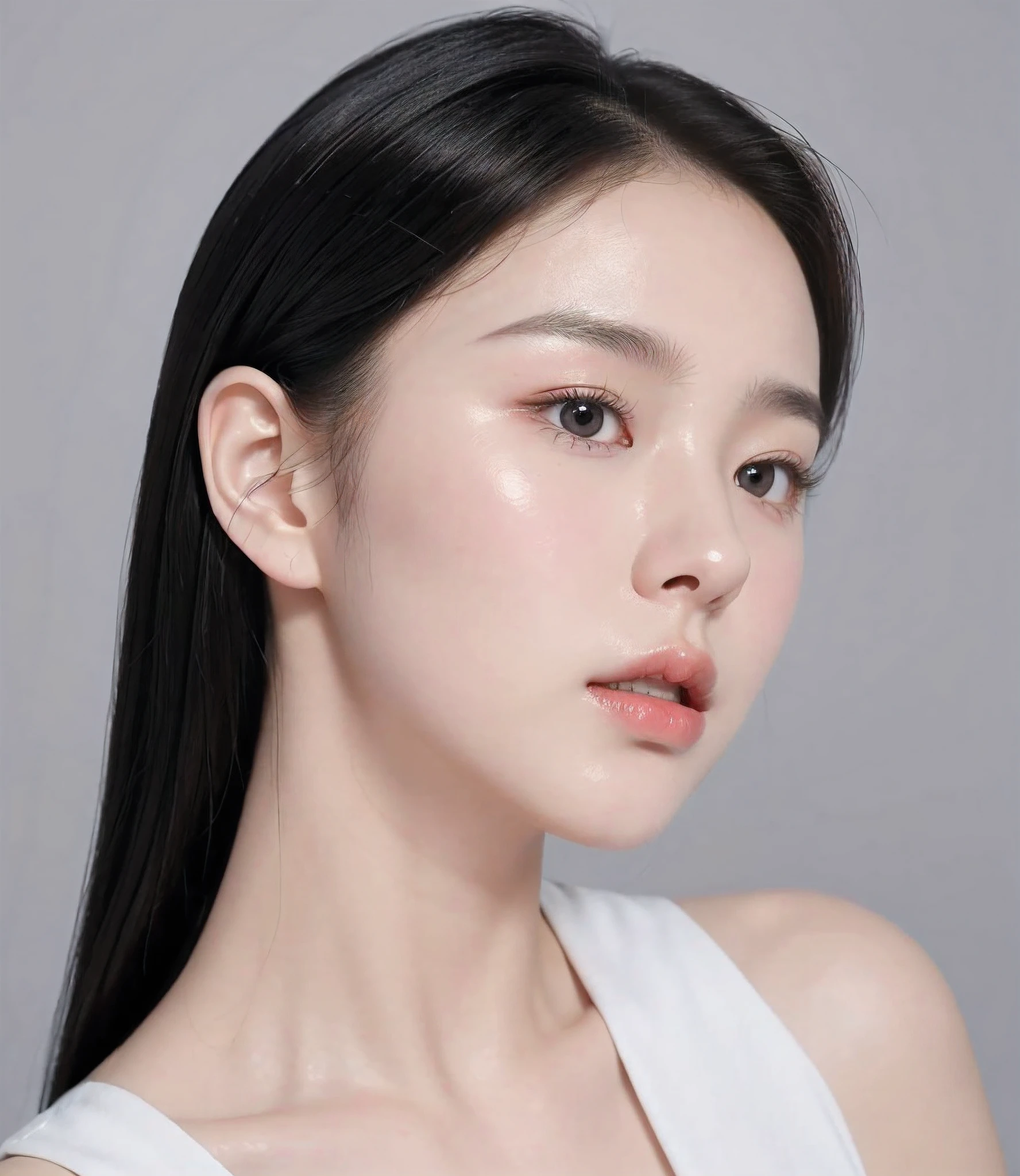 Korean Girl, very beautiful face, (Photo Photorealistic:1.4),(Masterpiece, 4k, Best Quality, The ultra-detailliert),studio shoot,pictorial,photography,photorealistic eyes, Ultra-detailed face, Detailed lips, Normal hands, Glossy Lips, Glossy face, Simple background ,pale milky white porcelain skin, smooth translucent white skin, Skincare brand photo shoot, Woman with porcelain skin, diffused natural skin glow, Soft porcelain skin, Translucent white skin, Just yoon, Clear facial and body skin, Skincare, White porcelain skin, wavy long straight hair