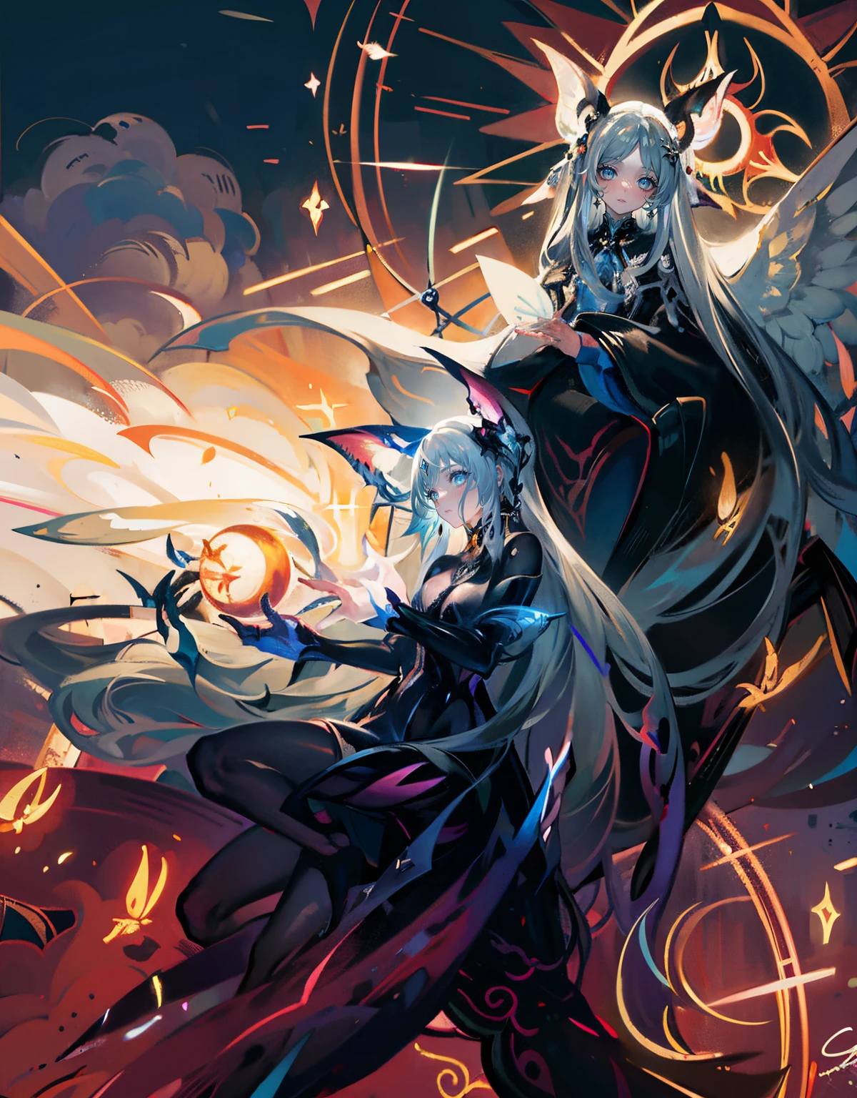 The image portrays a captivating and enchanting scene, where two mythical creatures are engaged in a mystical and symbolic interaction. The large, glowing moon and stars in the background serve as a backdrop to this fantastical encounter, adding a sense of grandeur and otherworldliness to the scene.

The two creatures, with their long, flowing hair, are the focal points of the image. Their contrasting colors - black and white - create a striking visual contrast, drawing the viewer's attention to their unique features and the objects they are holding. The glowing orbs they are holding further enhance the sense of mystery and wonder in the scene, as they seem to radiate an otherworldly energy.

The intricate, swirling patterns and symbols surrounding the creatures add to the image's mystical and symbolic nature. These patterns could represent various aspects of nature, mythology, or even the collective unconscious, as they evoke a sense of ancient wisdom and knowledge.

Overall, the image conveys a sense of magic, wonder, and enchantment, inviting the viewer to explore the hidden meanings and symbolism within the scene. The contrasting colors, the glowing orbs, and the intricate patterns all contribute to the image's captivating and dreamlike quality, making it a unique and memorable work of art.serenity face