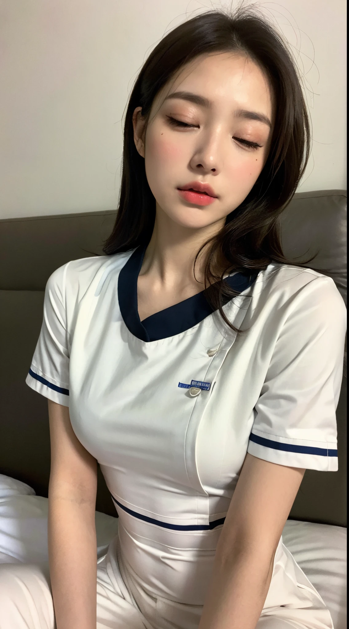 opening eyes，((quality, 8K, tmasterpiece: 1.3)), Big breasts are beautiful, 1 nurse, LOP:1.2, Slim abs: 1.1, dark brown  hair, (Wearing a white nurse's uniform，Sleeping on the Bed, : 1.2), The face is very detailed, Highly detailed lips, 詳細な目, 二重まぶた，Lie down in bed，down view，beautidful eyes