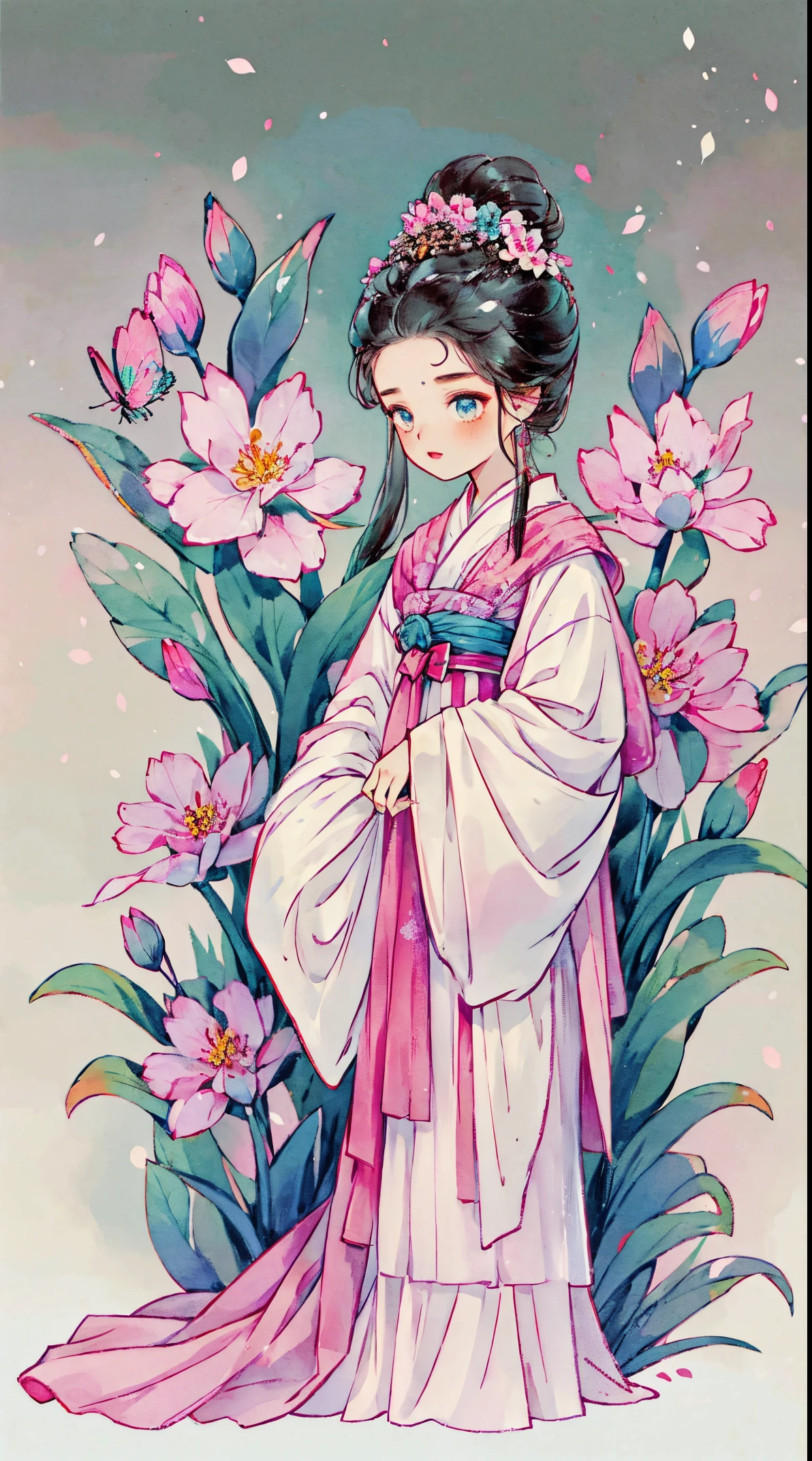 1 Sister, Alone, looking at viewert, face flushed, Background with, black hair color hair, hair adornments, longer sleeves, white backgrounid, everlasting, Full body lesbian, flowers blooming, in pink, hairflower, hair-bun, butterflys, tmasterpiece, recent quality, The finest details, Clear facial features, beautidful eyes