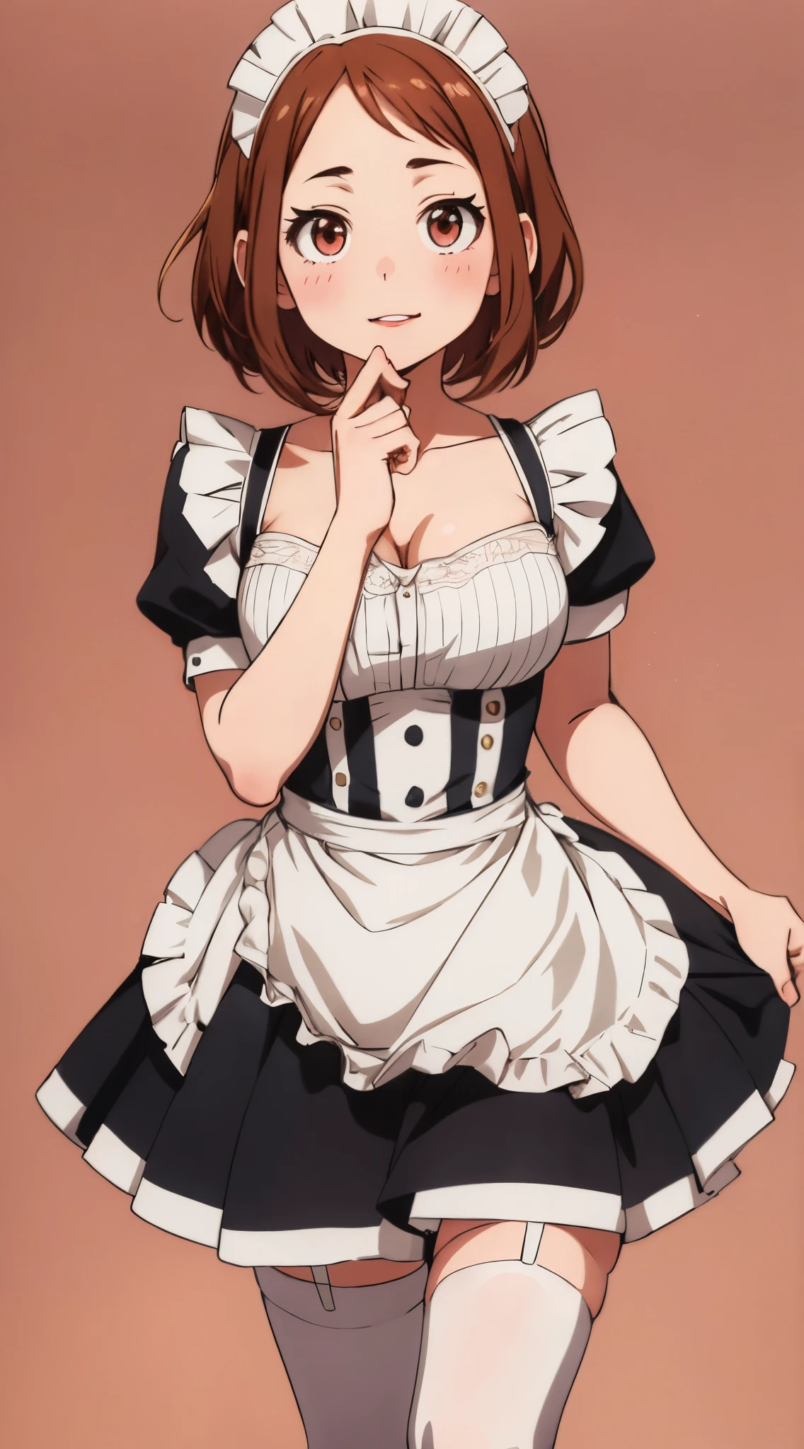 ochaco_uraraka, 1girl, solo, blush_stickers, looking_at_viewer, glossy lips, lips parted, standing, cloudy_sky, highly detailed, masterpiece, high res, illustration, (maid), cleavage, thigh highs, high heels