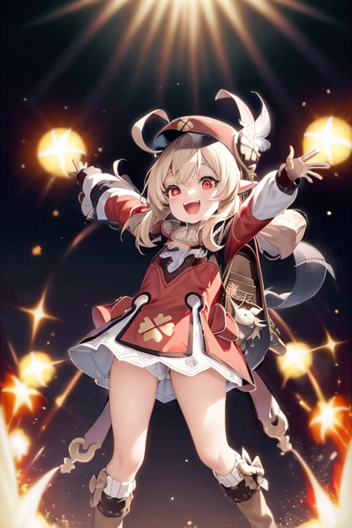 masterpiece, best quality, 1girl, explosion, klee (genshin impact), hat, solo, boots, gloves, red headwear, smile, outstretched arms, open mouth, backpack, bag, looking at viewer, spread arms, twintails, dress, long hair, hat feather, brown footwear, nude, flat chest, knee boots, bangs, ahoge, pointy ears, red eyes, :d, blonde hair, cabbie hat, full body, socks, low twintails, hair between eyes, kneehighs, feathers, brown gloves, dodoco (genshin impact), white feathers, upper teeth only, teeth, sidelocks, randoseru, scarf