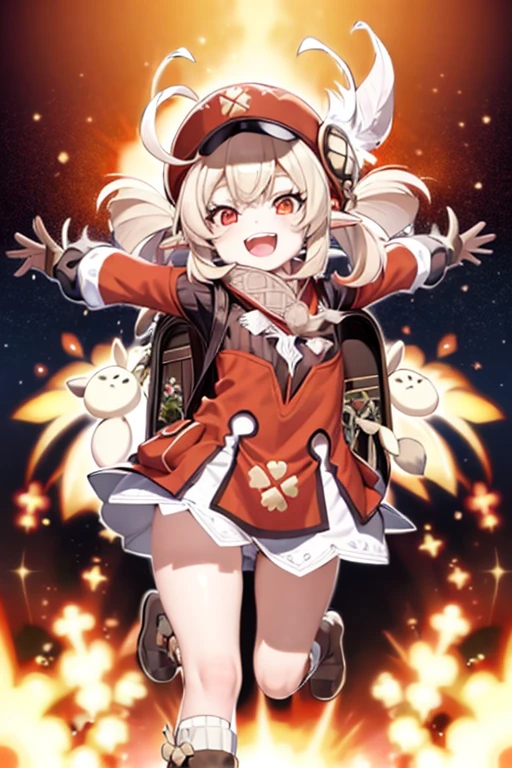 masterpiece, best quality, 1girl, explosion, klee (genshin impact), hat, solo, red headwear, smile, outstretched arms, open mouth, backpack, bag, looking at viewer, spread arms, twintails, dress, long hair, hat feather, brown footwear, nude, naked, nipples, flat chest, bangs, ahoge, pointy ears, red eyes, :d, blonde hair, cabbie hat, full body, socks, low twintails, hair between eyes, kneehighs, feathers, dodoco (genshin impact), white feathers, upper teeth only, teeth, sidelocks,