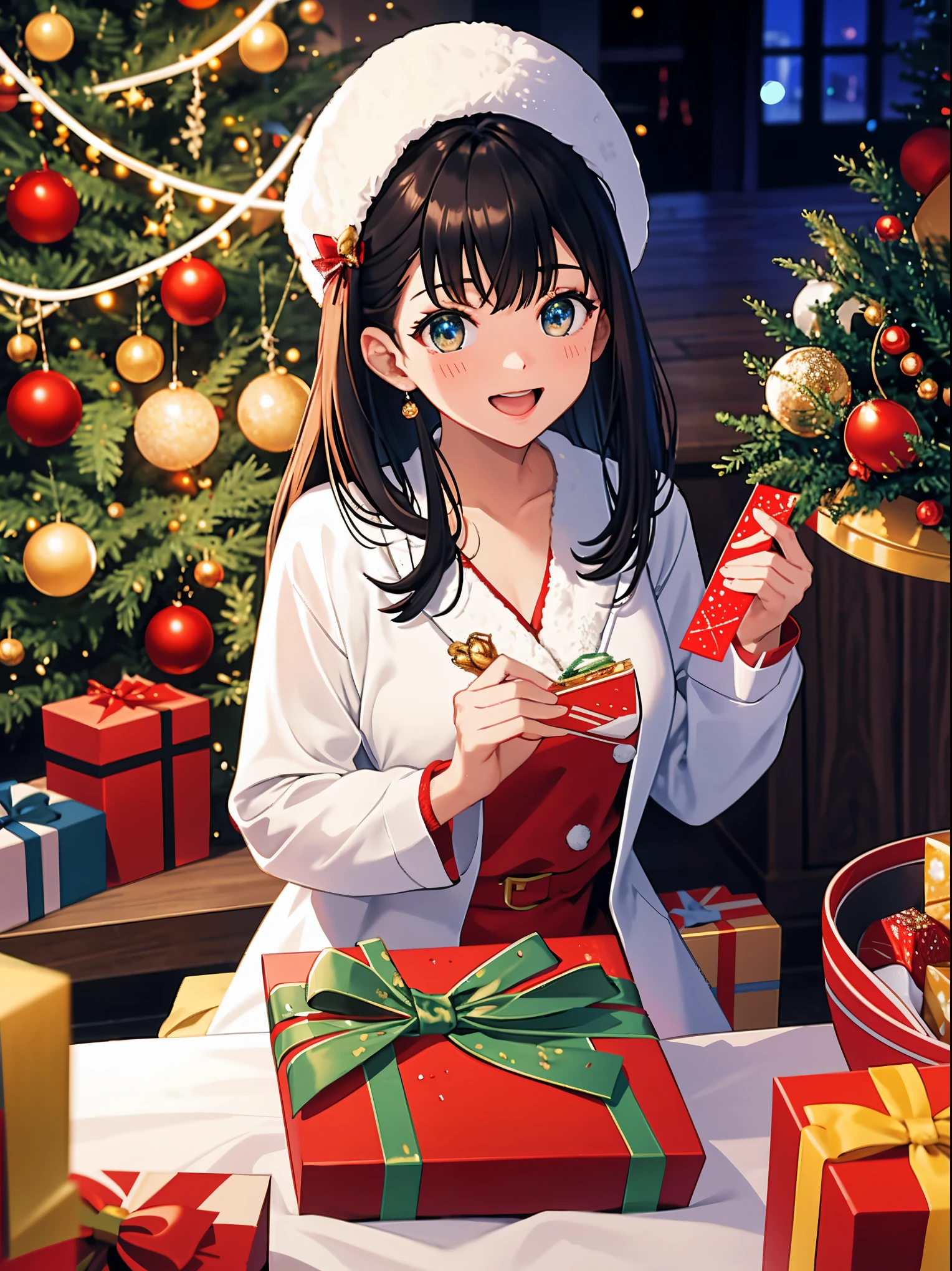 (best quality,4k,8k,highres,masterpiece:1.2),ultra-detailed,realistic,gifts,table,Christmas tree,decorations,wrapping ,bows,ribbon,presents,holiday spirit,vibrant colors,warm lighting,cozy atmosphere,toys,cards,candles,snowflakes,joyful,celebration,exquisite details,exciting surprises,shiny ornaments,sparkling tinsel,beautifully wrapped,excited children,anticipation,festive mood,magical ambiance,delightful moment,wonderful memories,family gathering,cheerful faces,Christmas magic,extravagant,abundance of presents,HDR,UHD,studio lighting,ultra-fine painting,sharp focus,physically-based rendering,professional,vivid colors,bokeh.