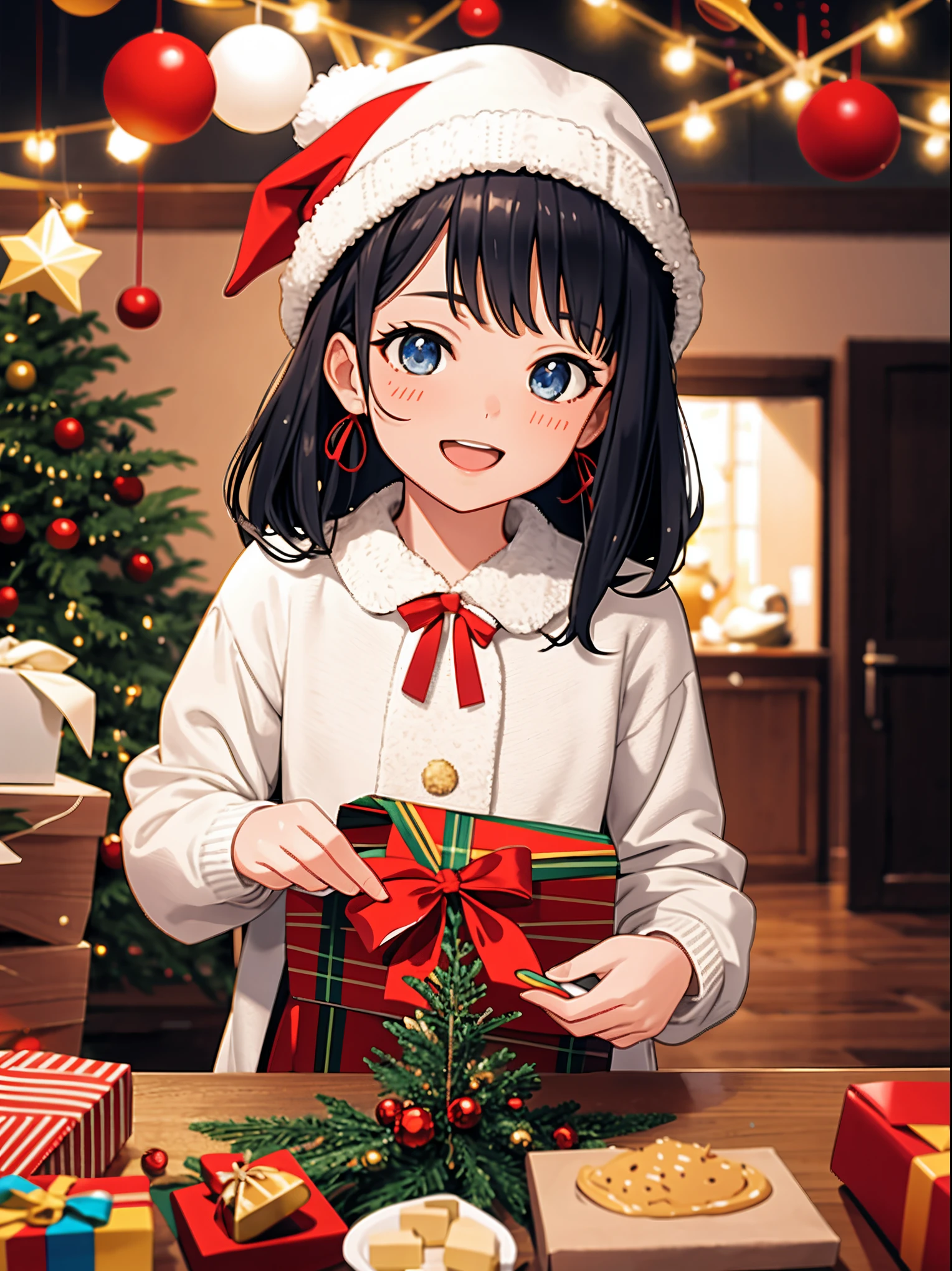 (best quality,4k,8k,highres,masterpiece:1.2),ultra-detailed,realistic,gifts,table,Christmas tree,decorations,wrapping ,bows,ribbon,presents,holiday spirit,vibrant colors,warm lighting,cozy atmosphere,toys,cards,candles,snowflakes,joyful,celebration,exquisite details,exciting surprises,shiny ornaments,sparkling tinsel,beautifully wrapped,excited children,anticipation,festive mood,magical ambiance,delightful moment,wonderful memories,family gathering,cheerful faces,Christmas magic,extravagant,abundance of presents,HDR,UHD,studio lighting,ultra-fine painting,sharp focus,physically-based rendering,professional,vivid colors,bokeh.