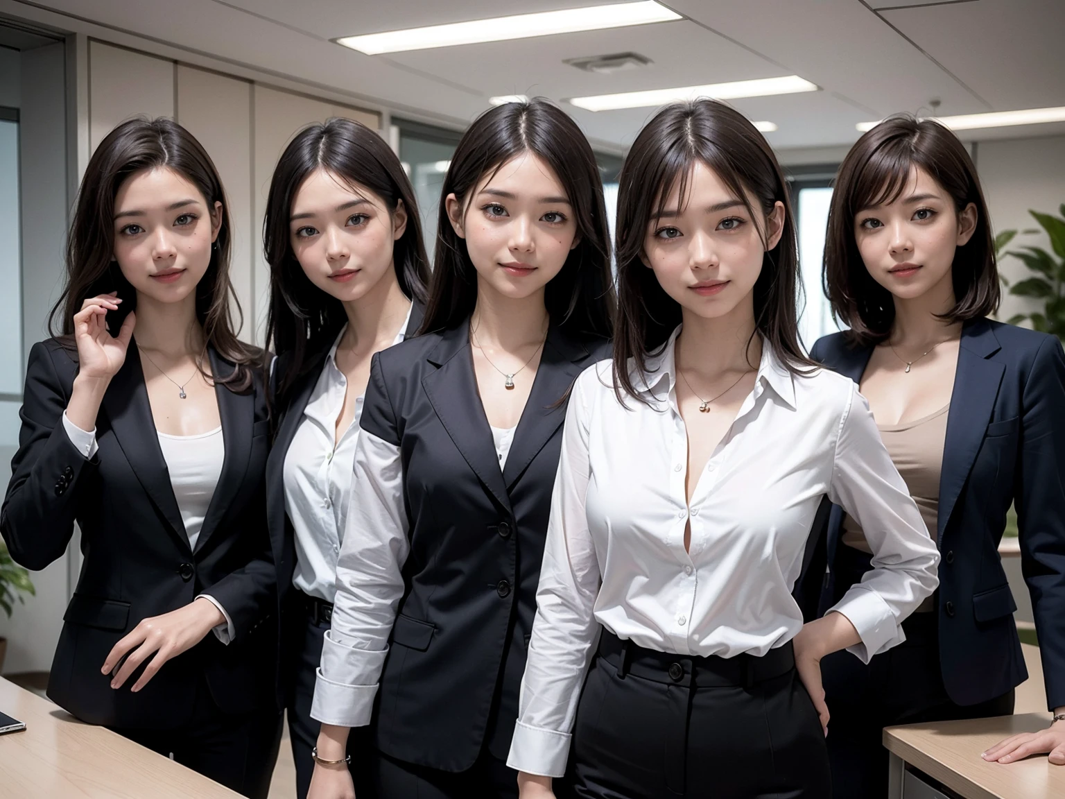 (Masterpiece), (8K, Photorealistic, RAW Photography, Best Quality: 1.4), Japan, Beautiful Face, (Realistic Face), (Medium Hair:1.3), Realistic Eyes, Beautiful Eyes, Attractive, Ultra High Definition, Ultra Realistic, High Definition, Beautiful Japan woman, grey suit, open jacket, ((jacket)), office lady, suit, ((pants)), (modern office indoors), desk, detailed face, long hair, group picture, multiple girls, 4girls, looking at viewer, ((smile)), (white shirt), (open shirt), (different hair styles), (different breasts size), (different face detailed)