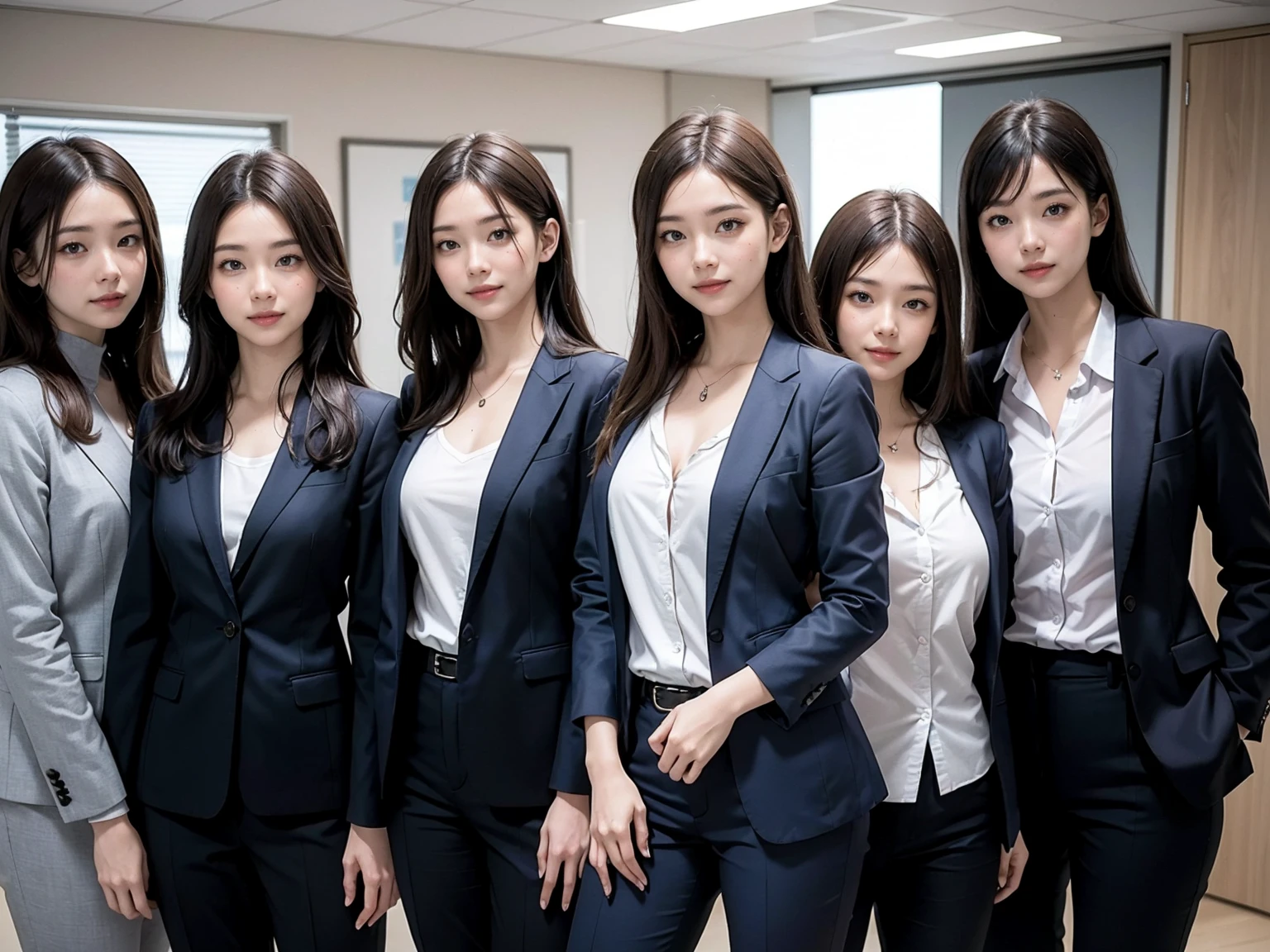 (Masterpiece), (8K, Photorealistic, RAW Photography, Best Quality: 1.4), Japan, Beautiful Face, (Realistic Face), (Medium Hair:1.3), Realistic Eyes, Beautiful Eyes, Attractive, Ultra High Definition, Ultra Realistic, High Definition, Beautiful Japan woman, grey suit, open jacket, ((jacket)), office lady, suit, ((pants)), (modern office indoors), desk, detailed face, long hair, group picture, multiple girls, 4girls, looking at viewer, ((smile)), (white shirt), (open shirt), (different hair styles), (different breasts size), (different face detailed)