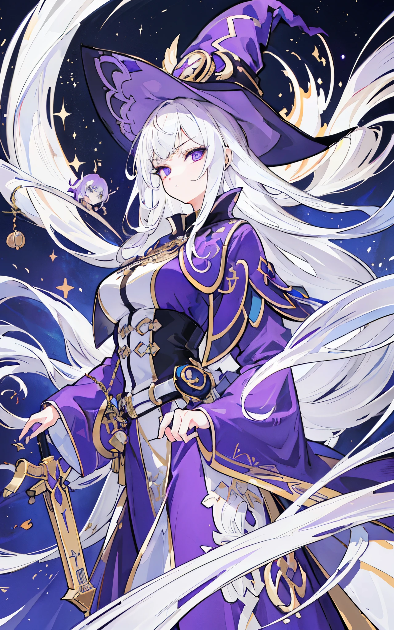 (8K, Best quality at best, tmasterpiece:1.2),\(Eyes detailed\),\(facial feature\),(\(Clothing details body details,(surface focus) ,Very detailed CG unified 8k wallpaper,hugefilesize,ultra - detailed,A high resolution,Huang Li,beautidful eyes,ray traycing,Dramatic shadows,Detailed pubic hair,dramatic angles,hyper-detailing,(1 girl:1.3),(Alone),Number 11,White hair,long, slick hair,Student Highlights,big and round eyes,flatchest,Scared,pouting,(Purple gold embroidered magic robe),Witch hat.magic guild background,Marble building,English architectural style