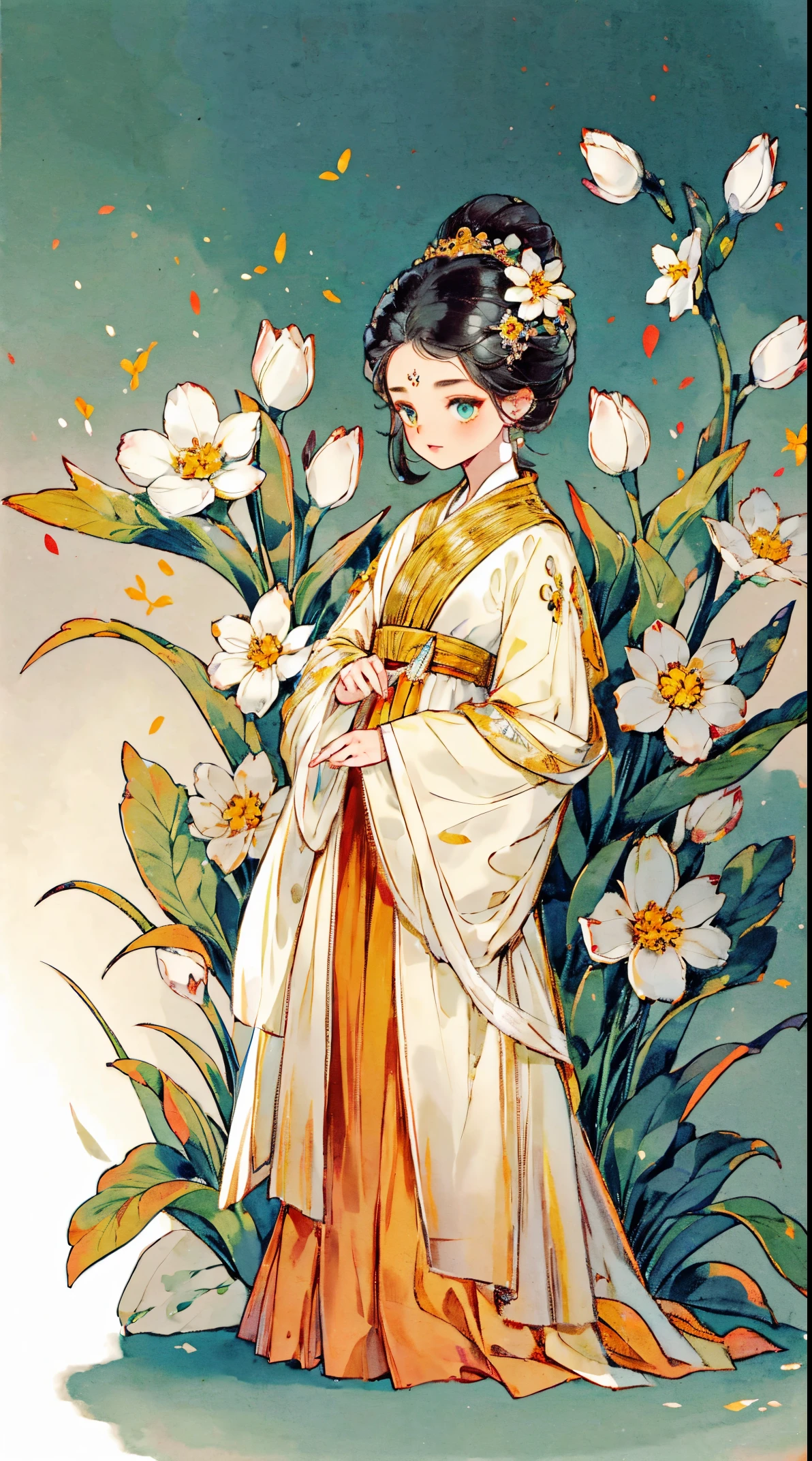 1 Sister, Alone, looking at viewert, face flushed, Background with, black hair color hair, hair adornments, longer sleeves, white backgrounid, everlasting, Full body lesbian, flowers blooming, golden colored, hairflower, hair-bun, butterflys, tmasterpiece, recent quality, The finest details, Clear facial features, beautidful eyes