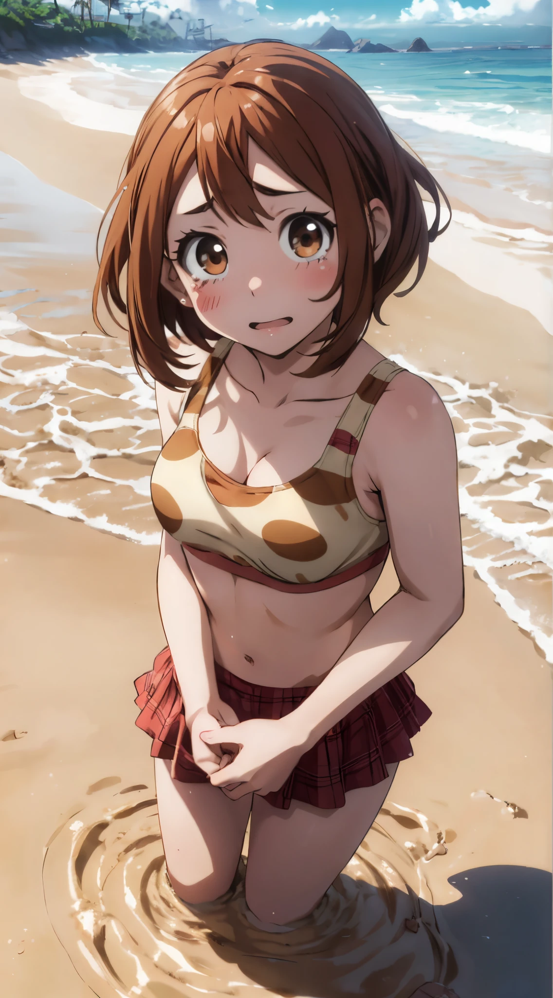 ochaco_uraraka, 1girl, solo, blush stickers, looking at viewer, glossy lips, lips parted, cloudy sky, beach, highly detailed, masterpiece, high res, illustration, (bikini), shocked, (tears), (quicksand:1.3)