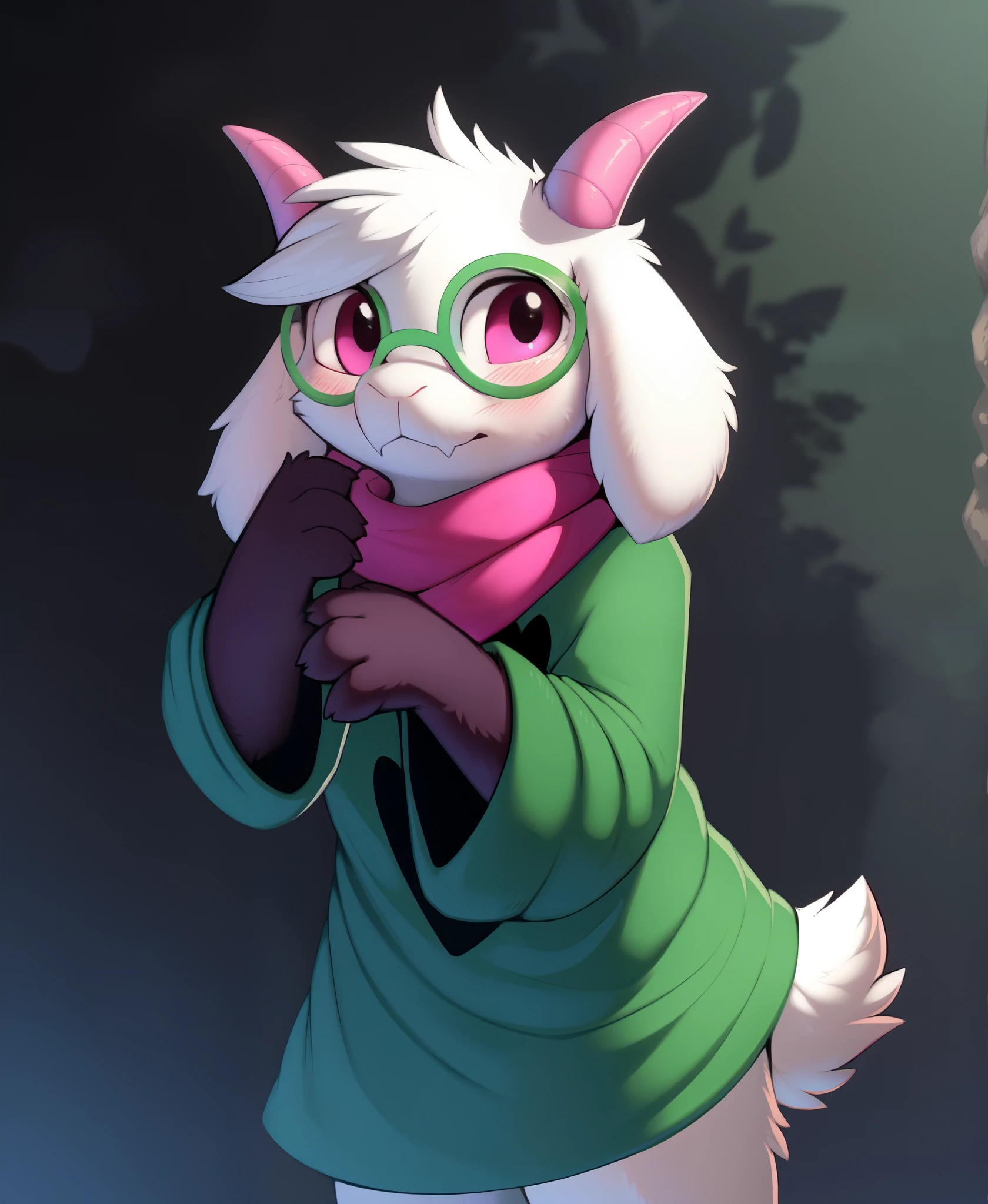 Solo, outdoors, detailed background, standing, blushing, (ralsei \(deltarune\), goat, white fur, pink horns, pink eyes, green glasses, green cloak, black sleeves, pink scarf,), by hioshiru, by braeburned, by oxfort2199, by plattyneko, extremely detailed, detailed shading, soft shading, volumetric lighting, natural light,,