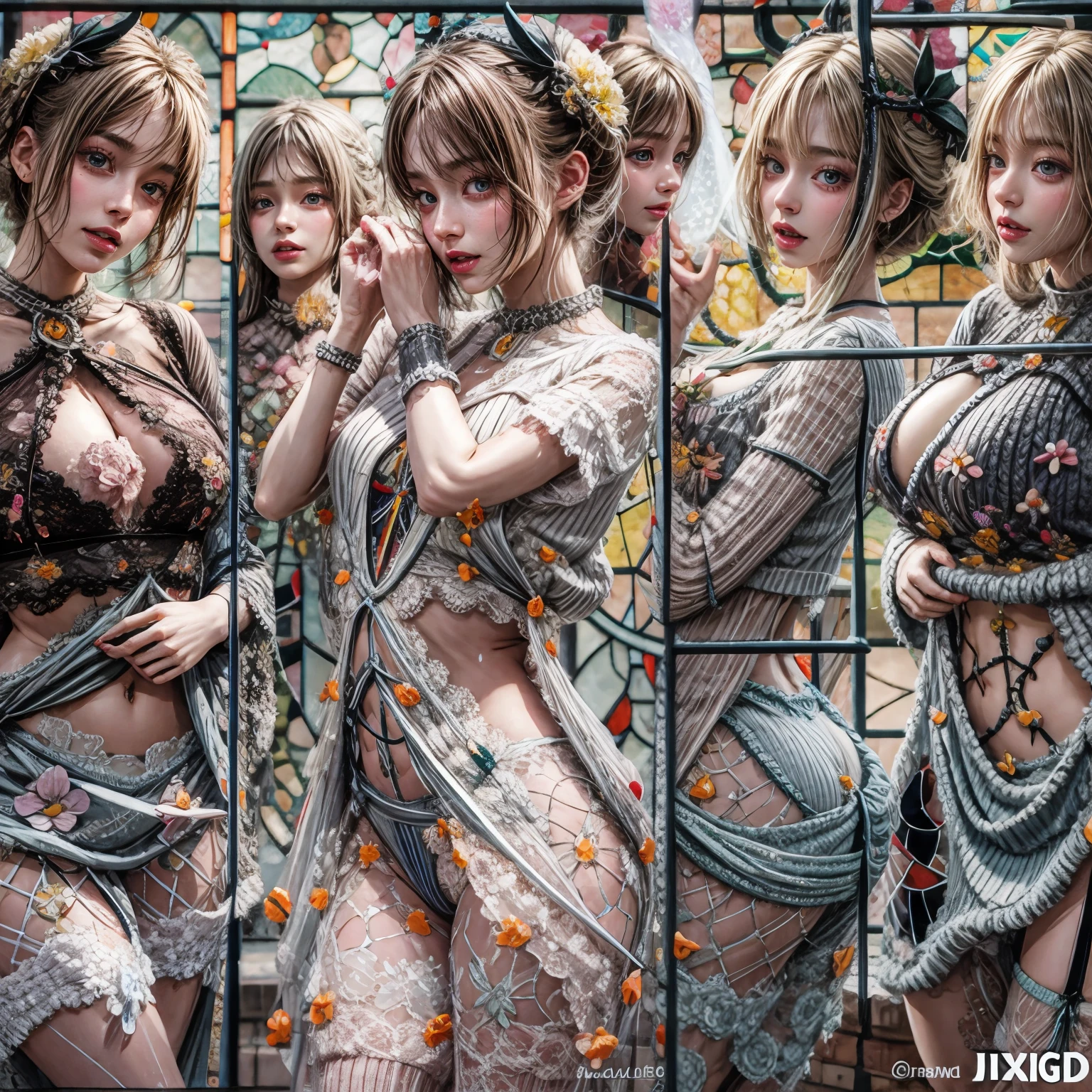 (White and vivid colors, Acutance, Exposed:1.2, nipple:-0.9), (9 sexy junior idols in group photograph), ((face variations, Hair variations)), { Navel | pretty Ass | (Delicate lace knitted wear) | Flowers | (Colorful Light shines from Dazzling and delicate stained glass:1.2) }, (portrayed in the best quality and high resolution. The image should be ultra-detailed, realistic, and photorealistic with a touch of rawness). { under the mesmerizing back lighting | concept art | enhancing the overall visual impact }. Whole Body proportions and all limbs are anatomically accurate .