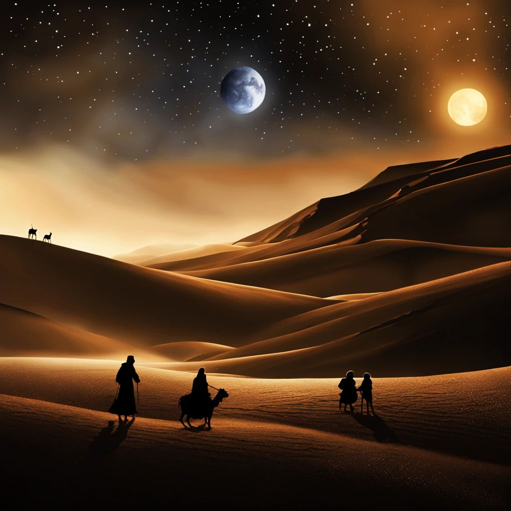 [[create an amazing matte painting for a classic Christmas card, crie uma obra-prima em pintura]], [[[add desert scene illustration with dunes, ao fundo uma manjedoura com o menino Jesus e um feixe de luz brilhante, multicolored light coming from the starry night sky to the ]]], [[[a beautiful and perfect matte painting for Christmas card]]]