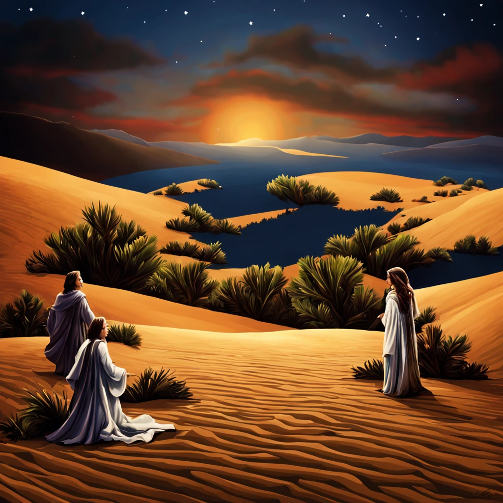 [[create an amazing matte painting for a classic Christmas card, crie uma obra-prima em pintura]], [[[add desert scene illustration with dunes, ao fundo uma manjedoura com o menino Jesus e um feixe de luz brilhante, multicolored light coming from the starry night sky to the ]]], [[[a beautiful and perfect matte painting for Christmas card]]]