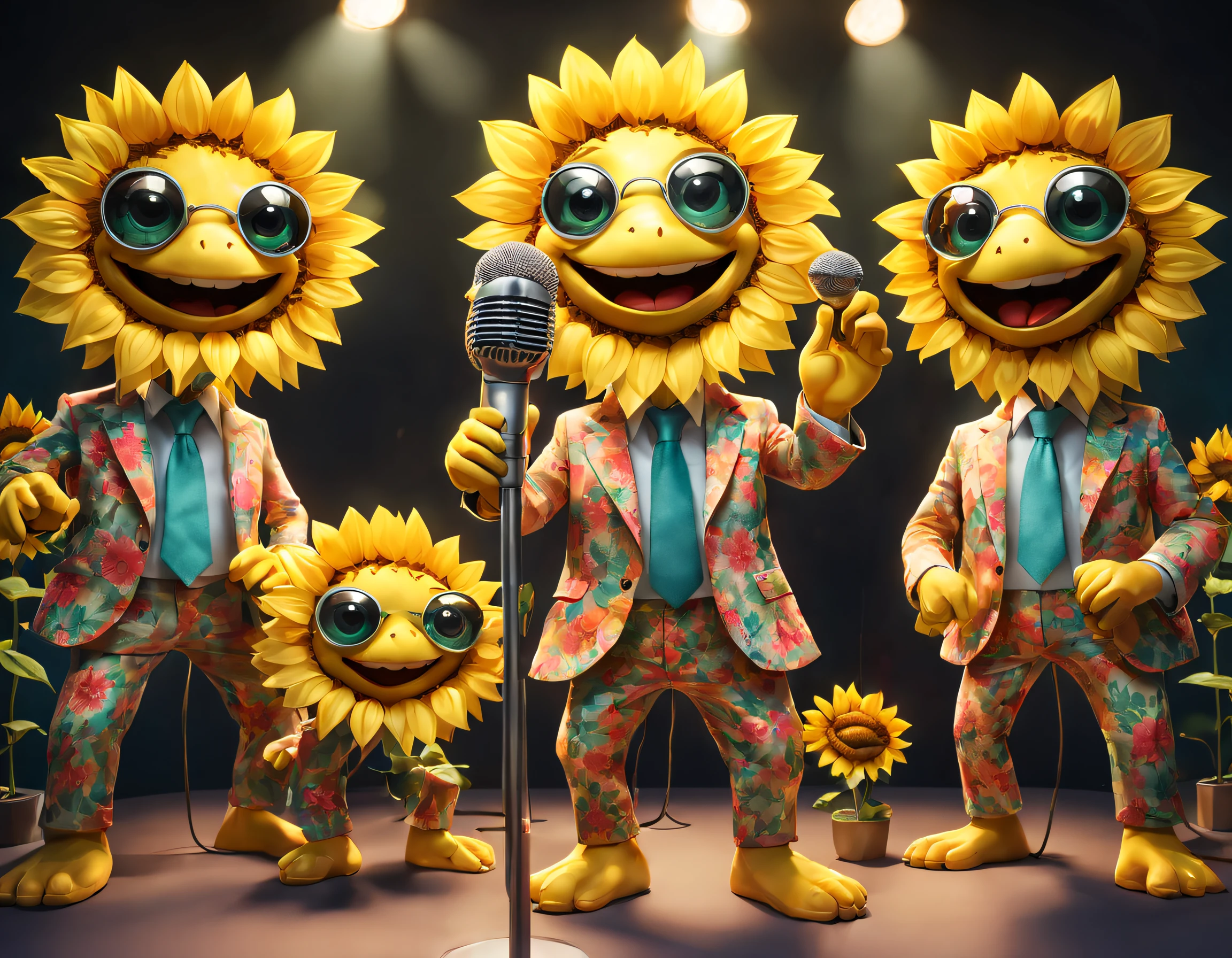 (character design), (5 sunflowers in floral costumes stand in front of the microphone and sing), anthropomorphic turtle, Happy, and cheerful anthropomorphic sunflowers, Holographic Color Set, Smiling, big bright eyes, Background with: stage, neonlight, like a dream, lmaginative, fairytale-like, super detailing, pixal style, vibrant with colors, Natural soft lighting, 55 octane rendering, ultra-wide-angle, 88K, High realism, Grand Prix