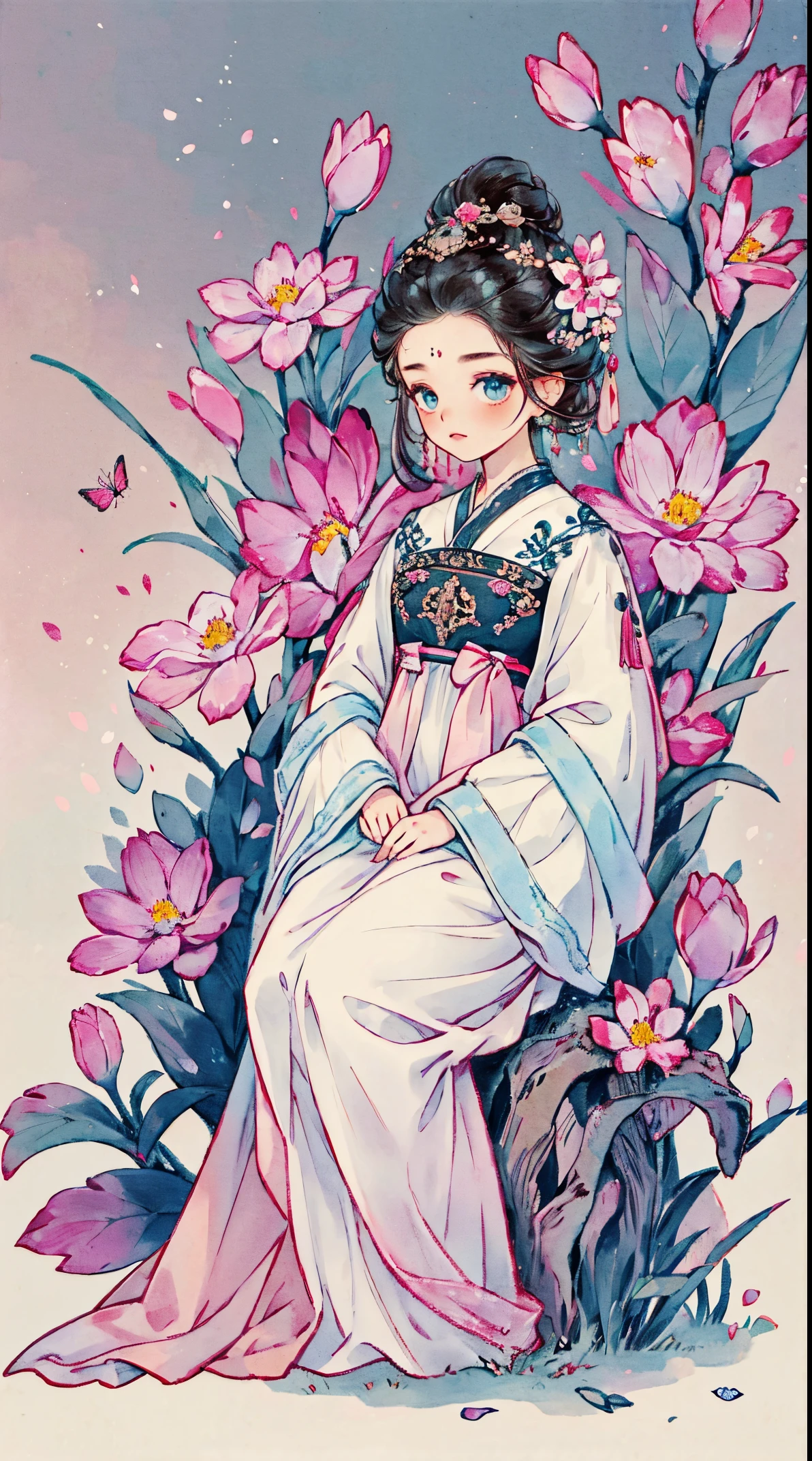 1 Sister, Alone, looking at viewert, face flushed, Background with, black hair color hair, hair adornments, longer sleeves, white backgrounid, Eternal, Full body lesbian, flowers blooming, in pink, hairflower, hair-bun, butterflys, tmasterpiece, recent quality, The finest details, Clear facial features, beautidful eyes