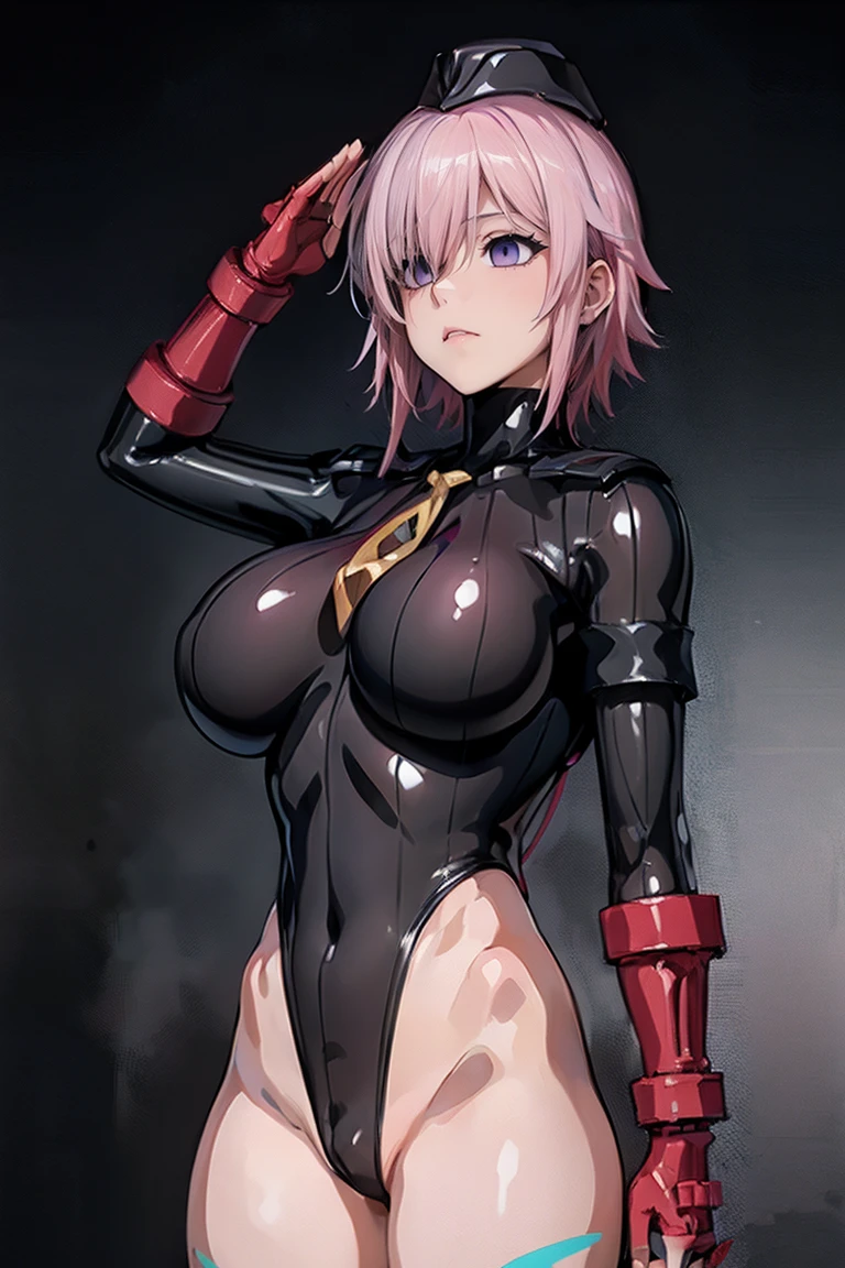 {1girl in},{{{{{masutepiece++, Best Quality++, Ultra-detailed+, 超A high resolution,(Photorealistic:1.4)Cowboy Shot,Mash Kyrielight, (Fate)Raw photo,(Mash Kyrielight)+,(Mash Kyrielight)+,(Mash Kyrielight, (Fate),(Pink hair,Short hair,)Purple eyes,Hair over one eye ,((Girl in a black latex suit 1.4)), (Doll Suit:1.3)very aesthetic, Best Quality, absurderes, 1girl in, Brainwashed,}}}} ((Sky Eyes 1.3)), (huge-breasted:1.2)The shape of is clearly visible、(The shape of the pubic area is clearly visible))deadpan, laboratory, Darkness Room, (Neon light:1.2), (Night:1.5), stand up and salute