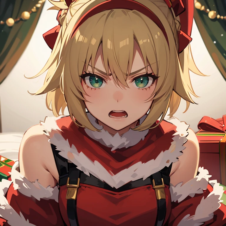 Mordred, christmas hat, short blond hair, ponytail, green eyes, angry face, cute outfit, christmas outfit